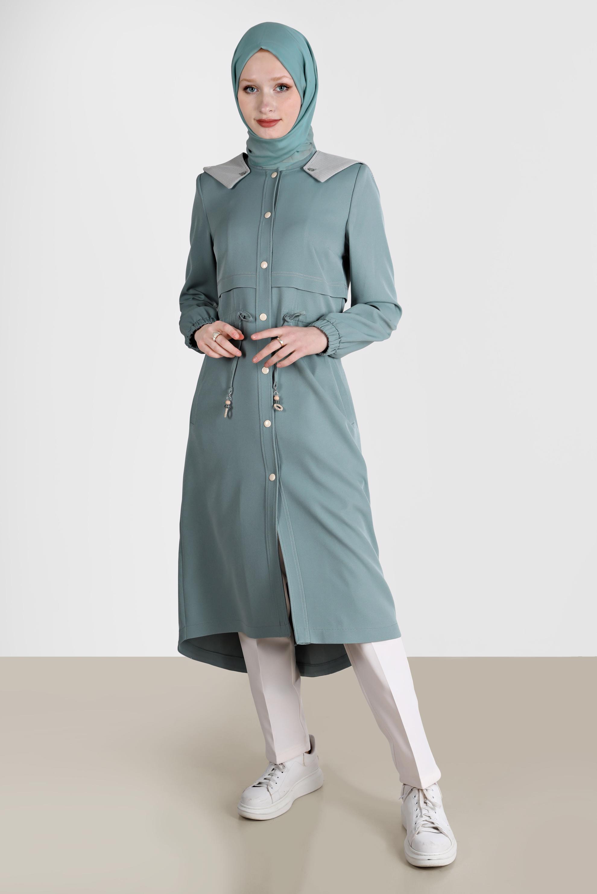 Hijab clothing GREEN SMOCKING WAIST HOODED TRENCH-COAT10562 