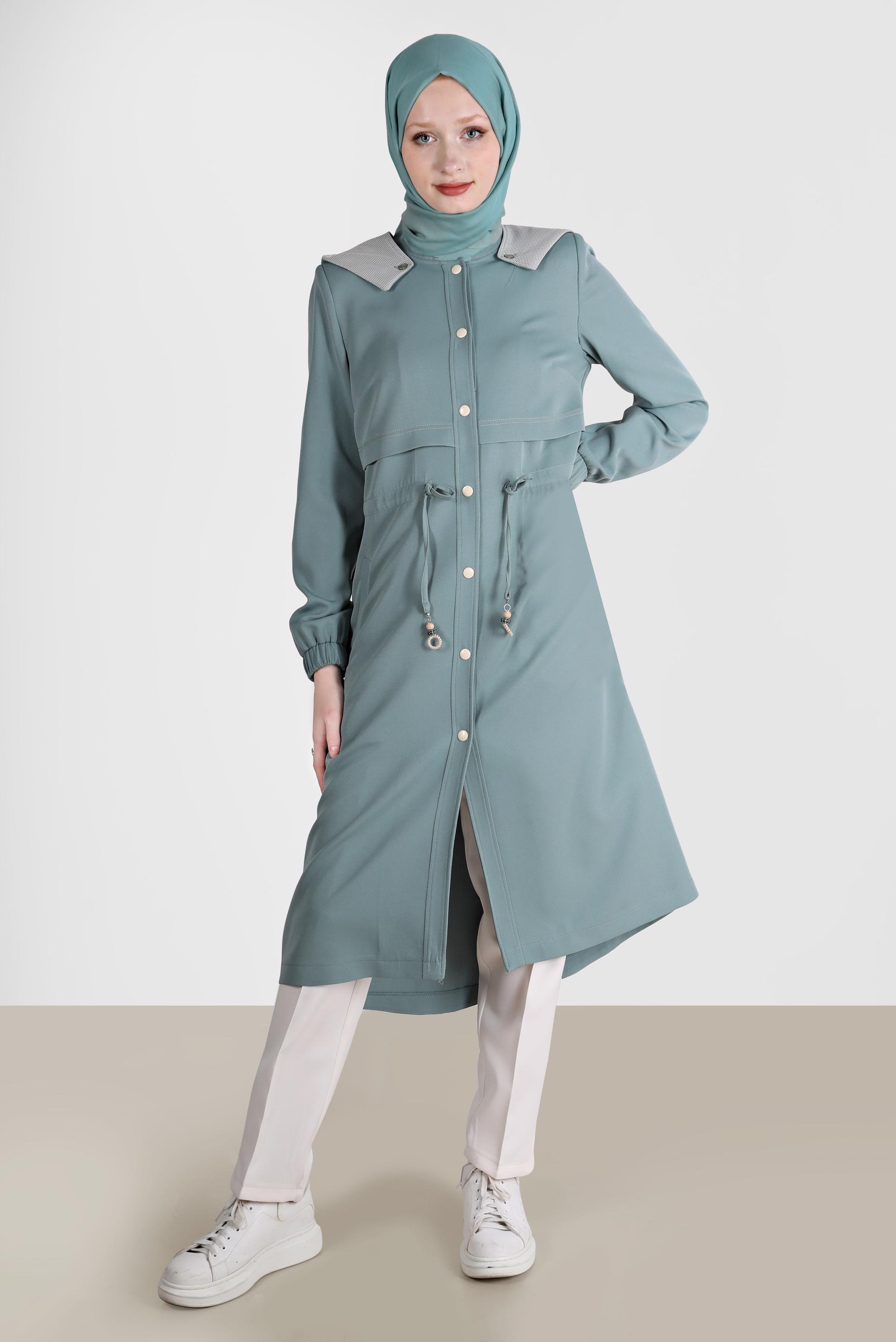 Hijab clothing GREEN SMOCKING WAIST HOODED TRENCH-COAT10562 