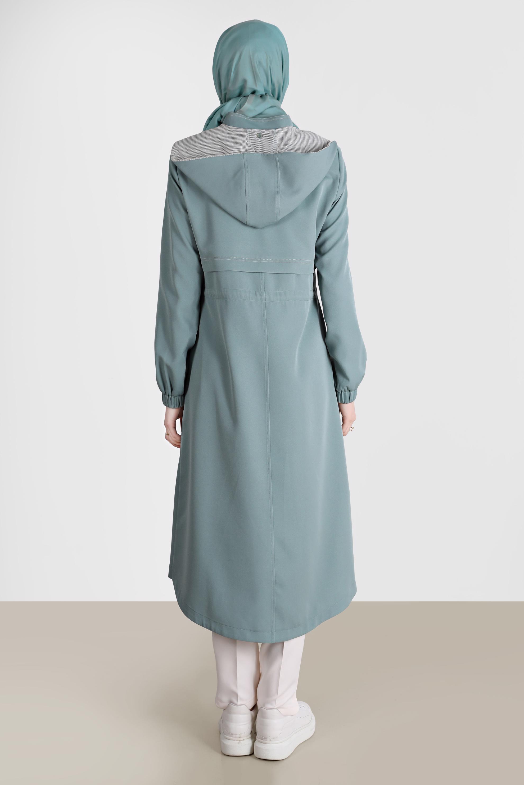 Hijab clothing GREEN SMOCKING WAIST HOODED TRENCH-COAT10562 
