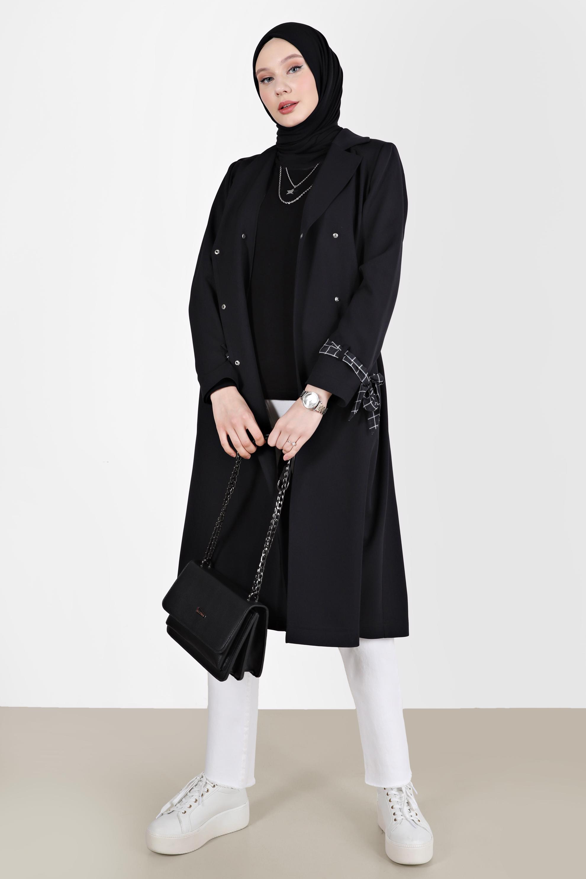 Tesettür giyim SİYAH MANŞETLERİ FULAR DETAYLI KLASİK TRENÇKOT 10563