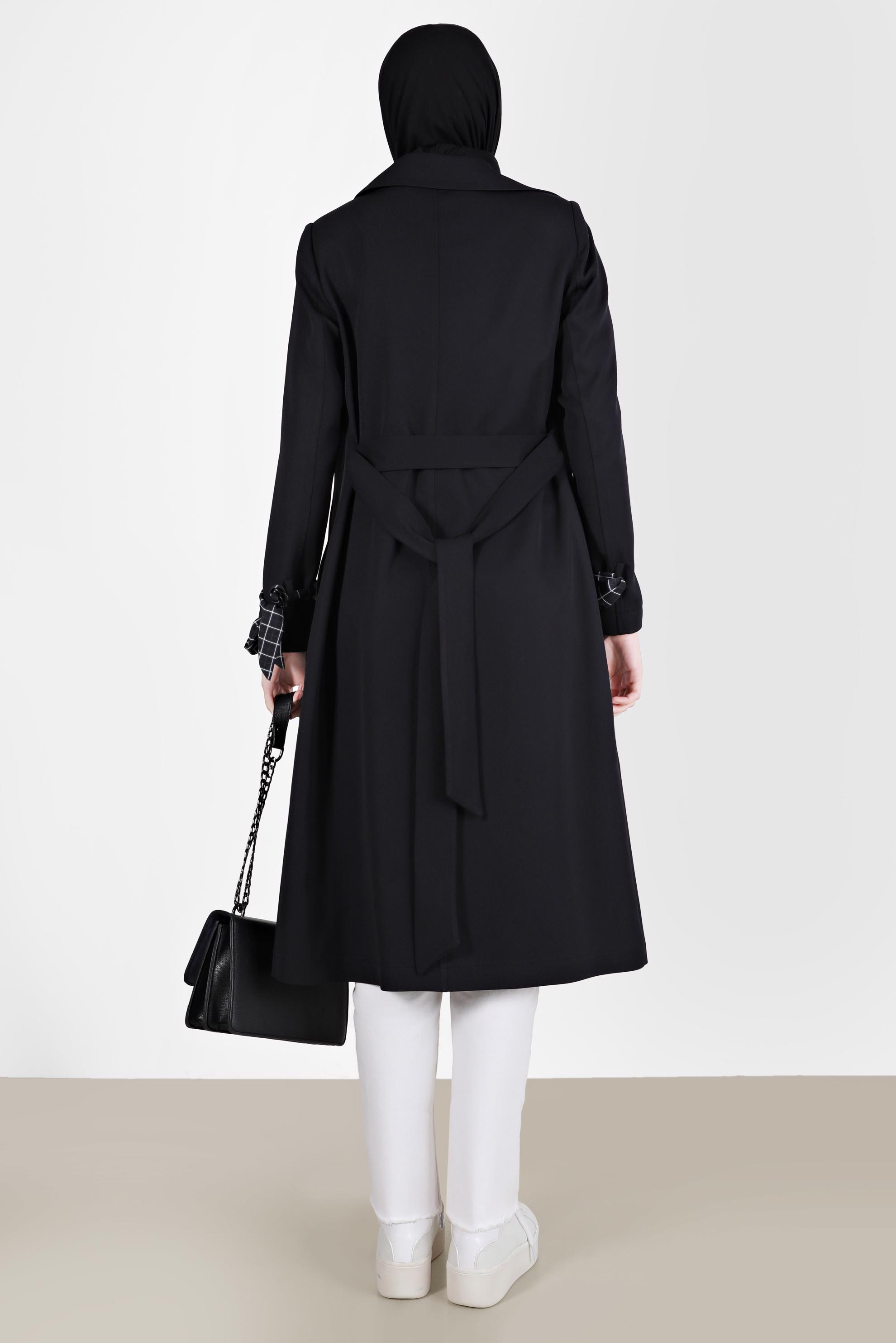 Tesettür giyim SİYAH MANŞETLERİ FULAR DETAYLI KLASİK TRENÇKOT 10563