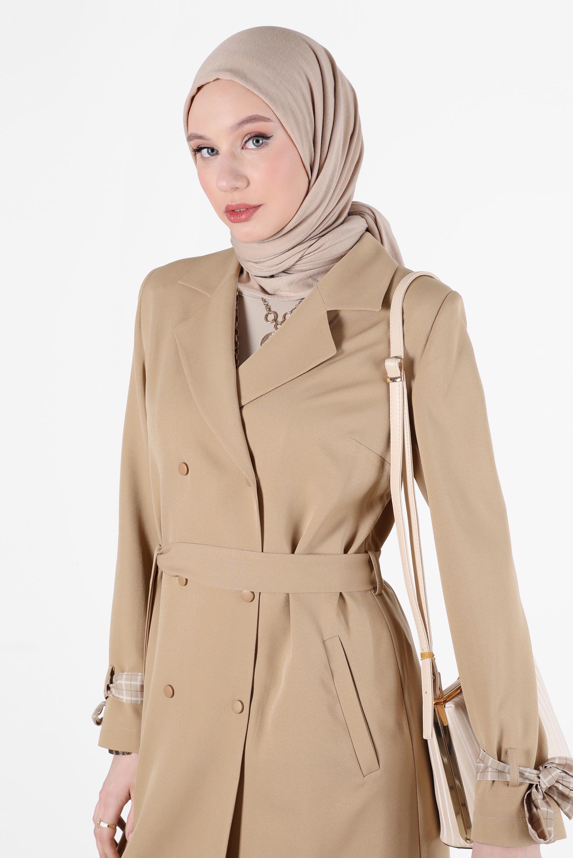 Hijab clothing BEIGE CLASSIC TRENCH COAT WITH FOULARD DETAIL CUFFS 10563 