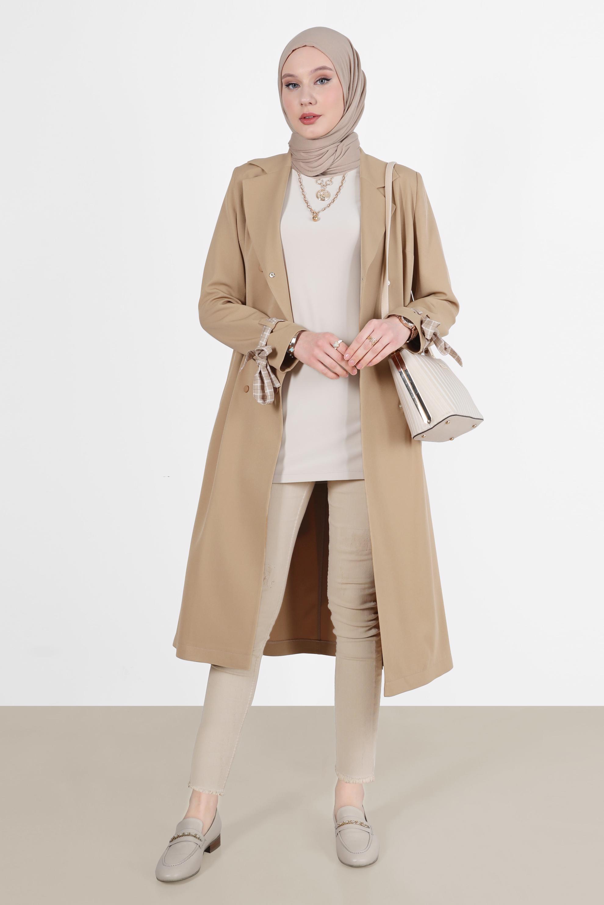 Hijab clothing BEIGE CLASSIC TRENCH COAT WITH FOULARD DETAIL CUFFS 10563 