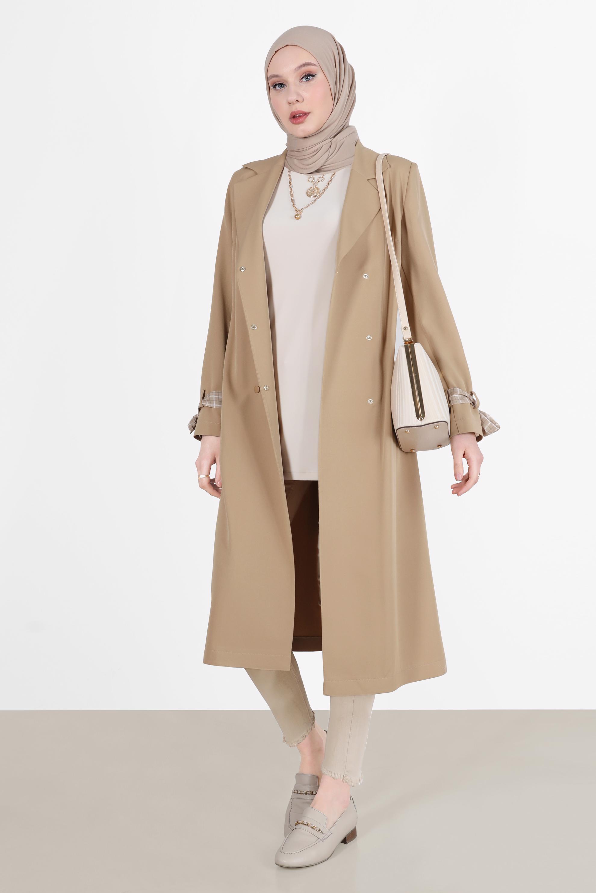 Hijab clothing BEIGE CLASSIC TRENCH COAT WITH FOULARD DETAIL CUFFS 10563 