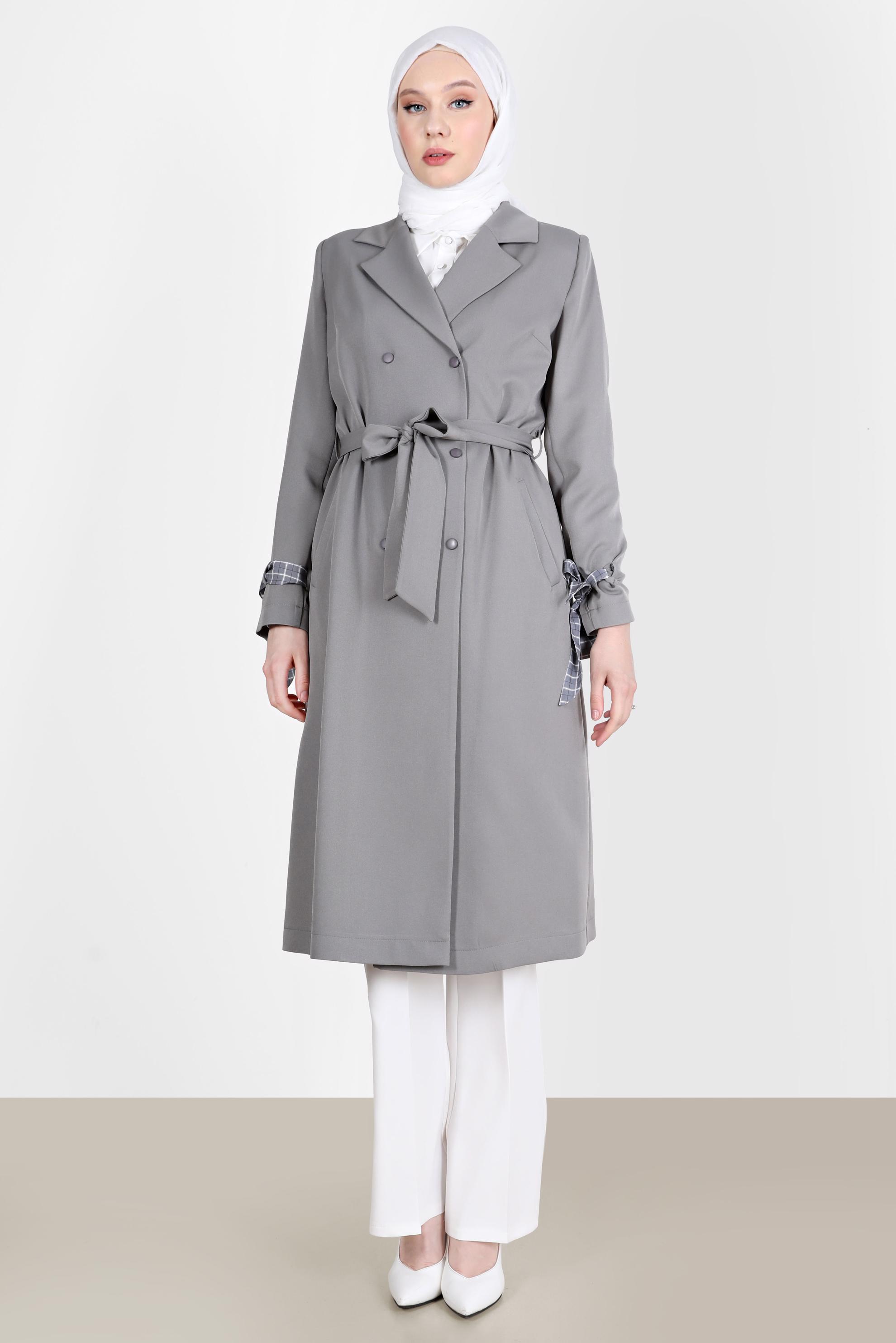 Hijab clothing GREY CLASSIC TRENCH COAT WITH FOULARD DETAIL CUFFS 10563 