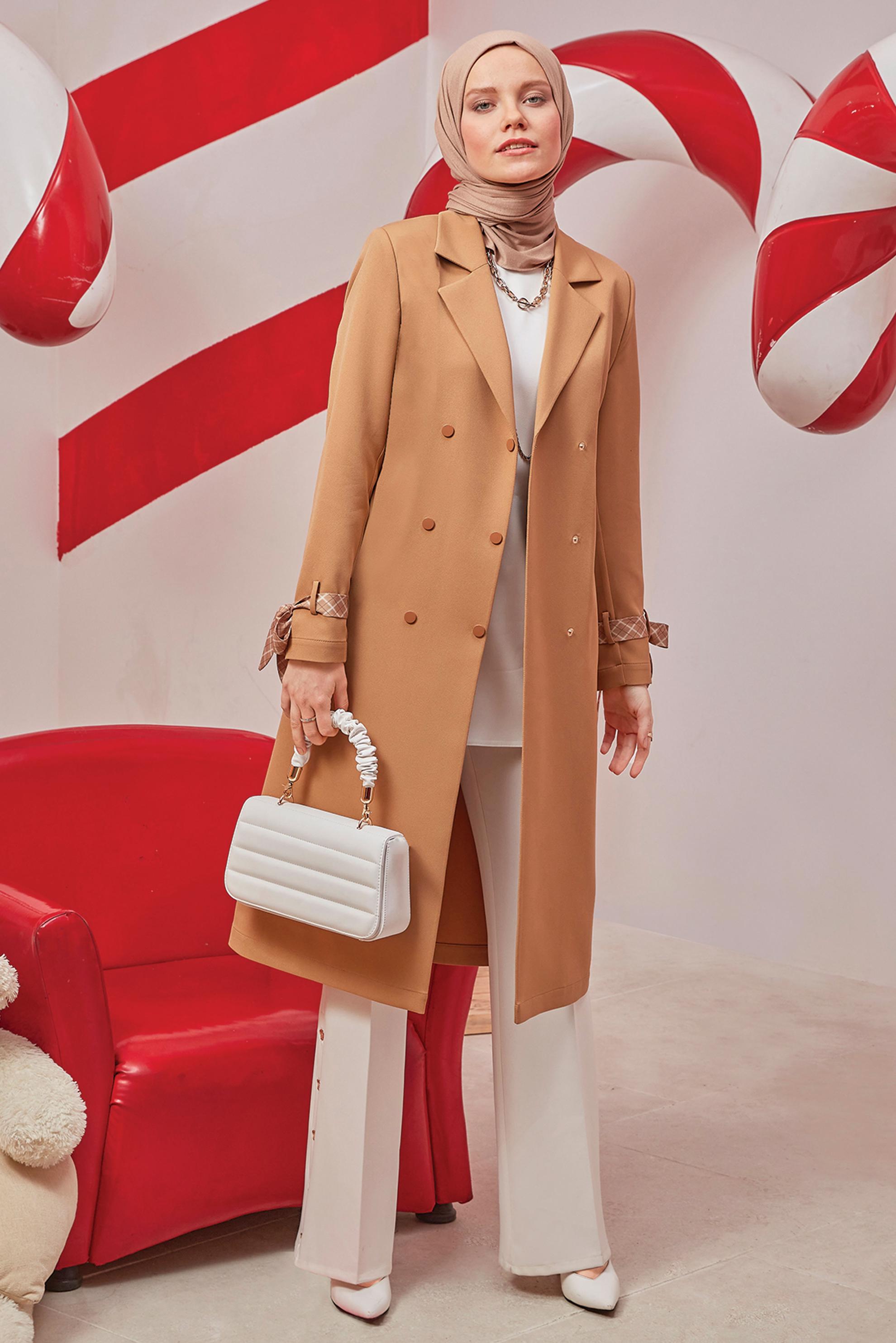 Hijab clothing BROWN CLASSIC TRENCH COAT WITH FOULARD DETAIL CUFFS 10563 