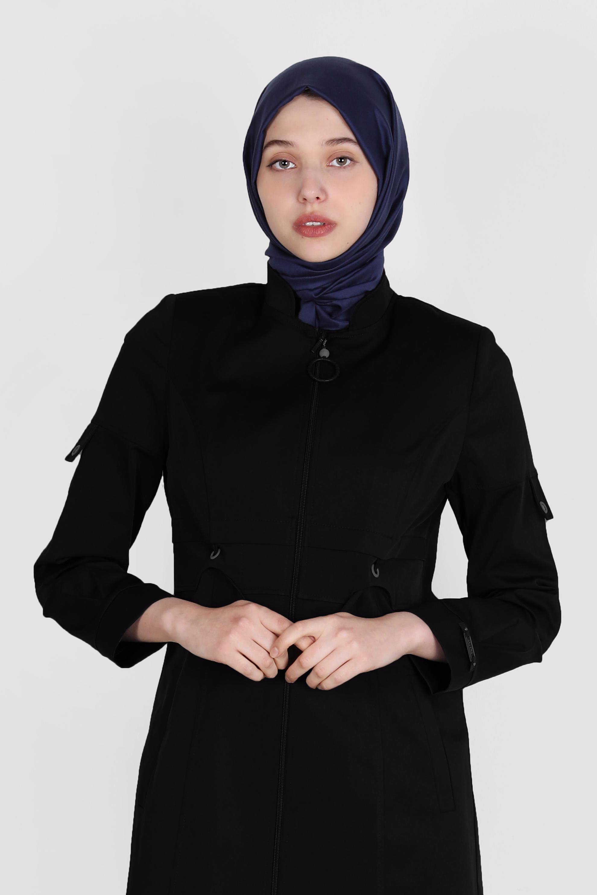 Hijab clothing BLACK ZIPPERED MANDARIN COLLAR TRENCH COAT 10564 