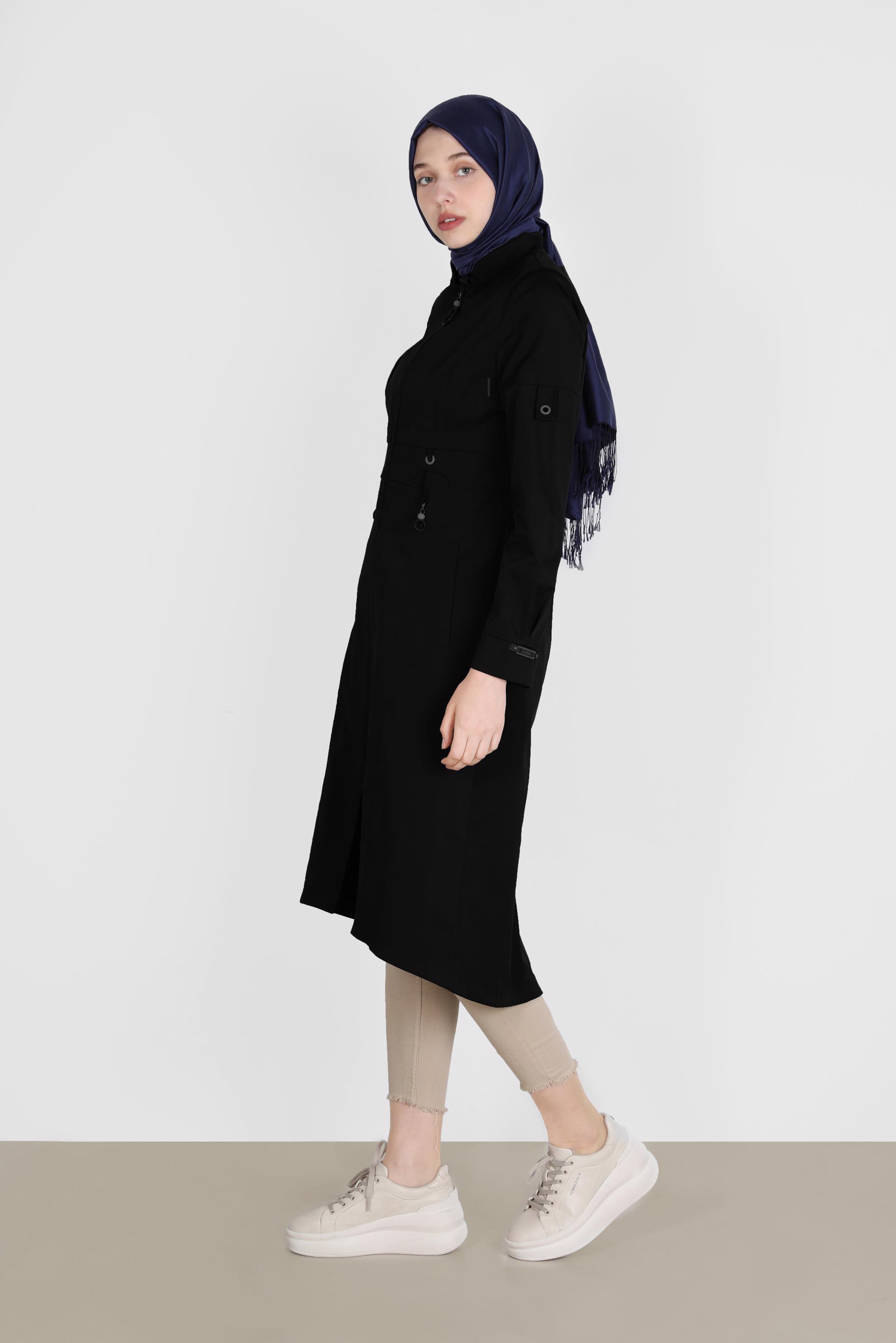 Hijab clothing BLACK ZIPPERED MANDARIN COLLAR TRENCH COAT 10564 