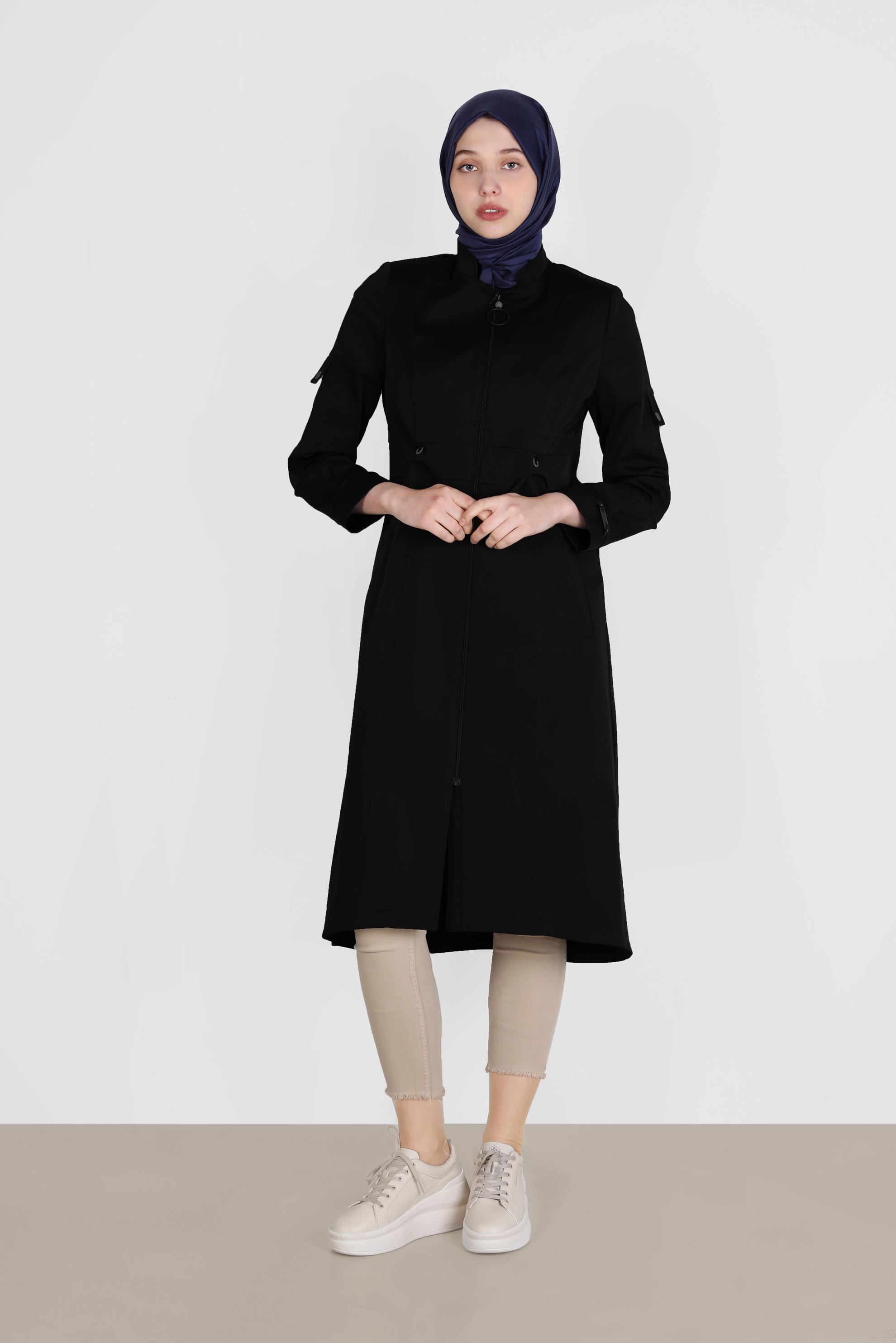 Hijab clothing BLACK ZIPPERED MANDARIN COLLAR TRENCH COAT 10564 
