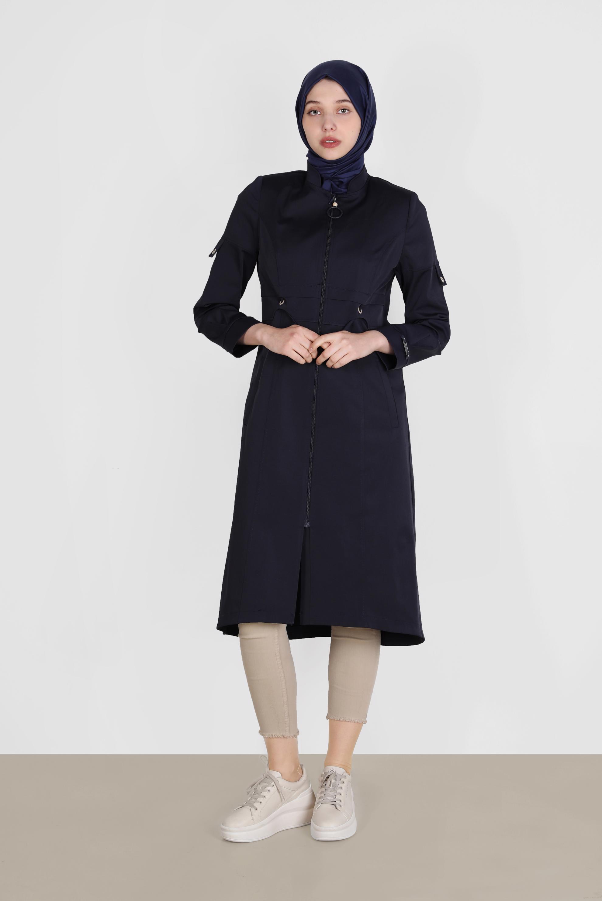 Hijab clothing NAVY BLUE ZIPPERED MANDARIN COLLAR TRENCH COAT 10564 