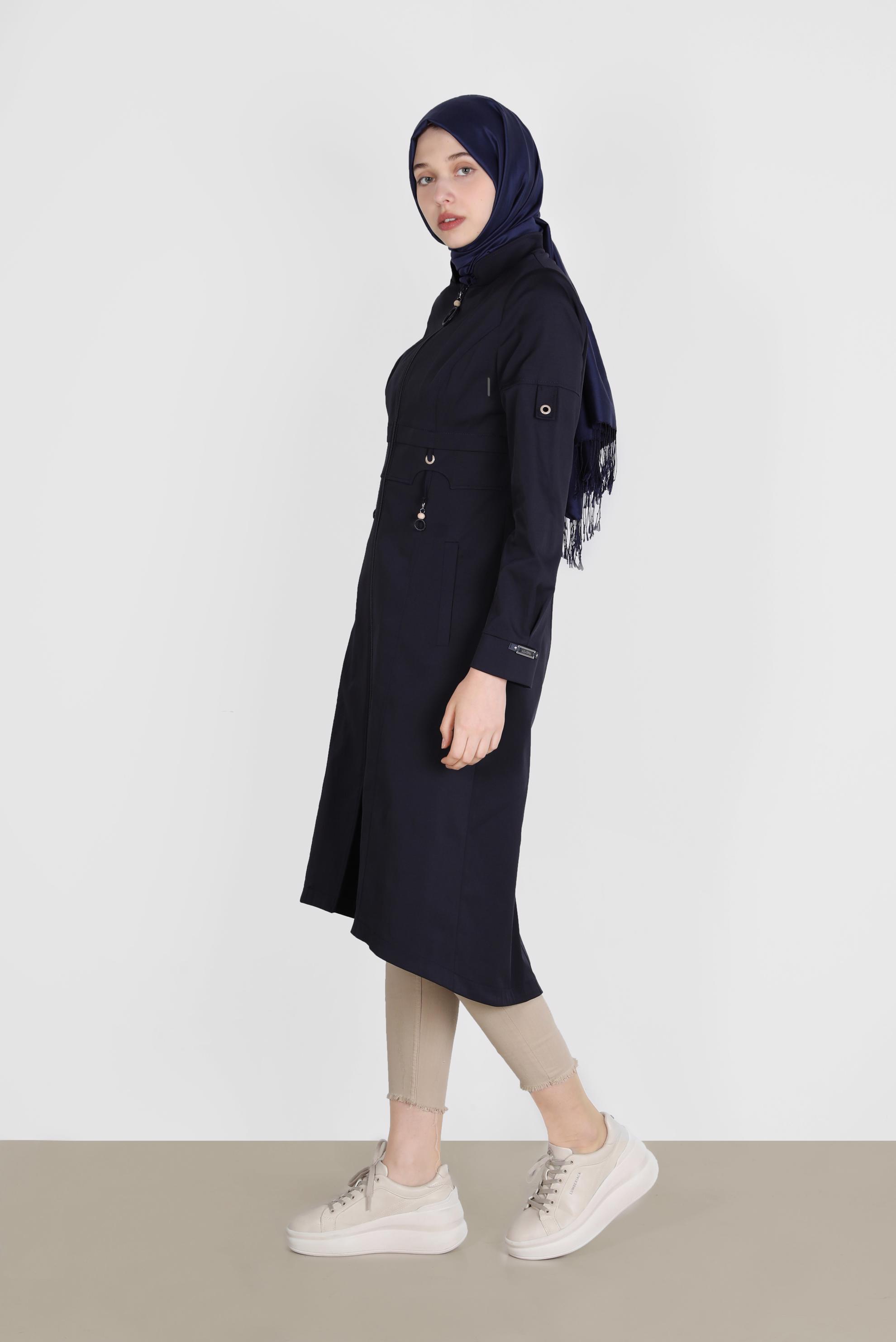 Hijab clothing NAVY BLUE ZIPPERED MANDARIN COLLAR TRENCH COAT 10564 