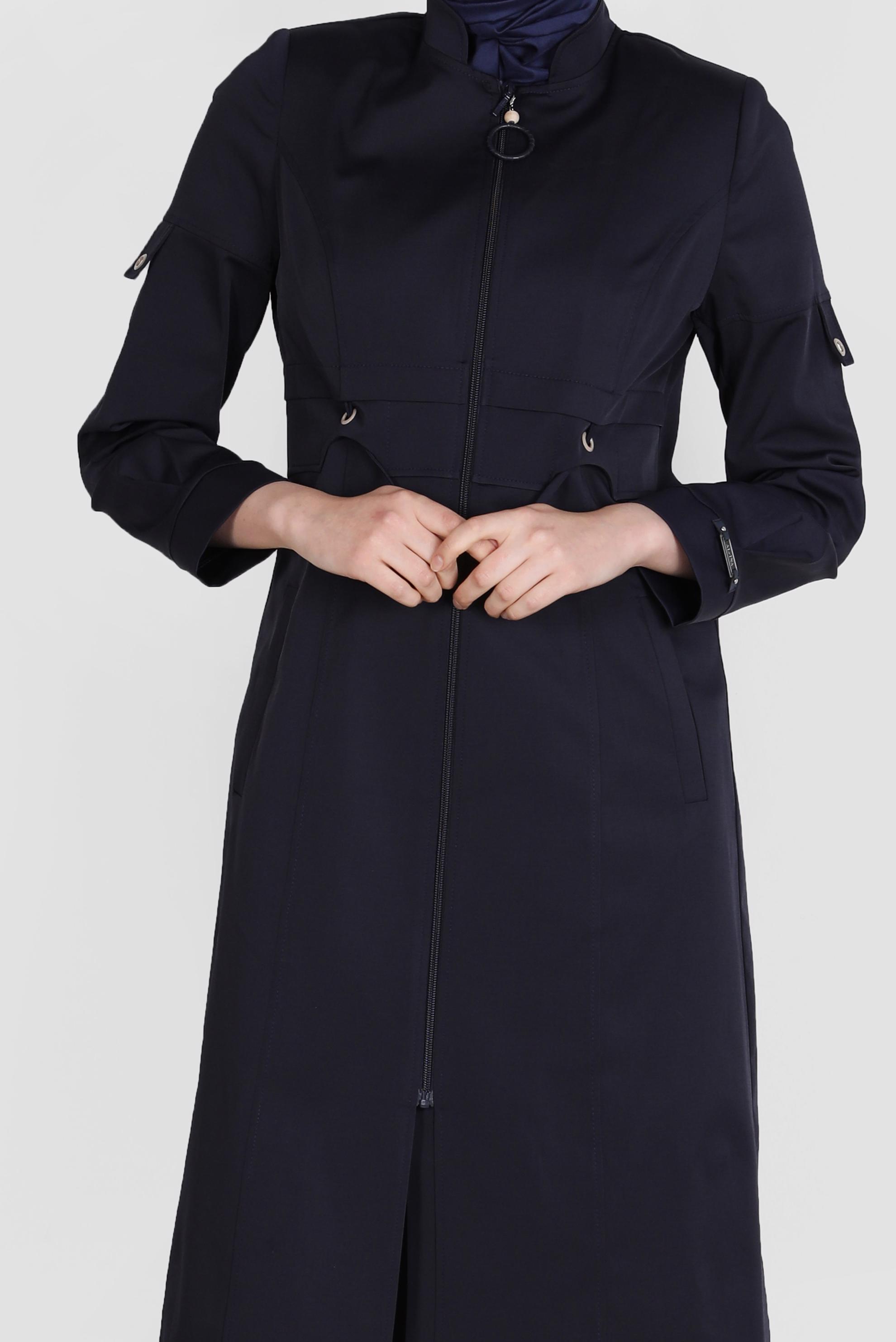 Hijab clothing NAVY BLUE ZIPPERED MANDARIN COLLAR TRENCH COAT 10564 
