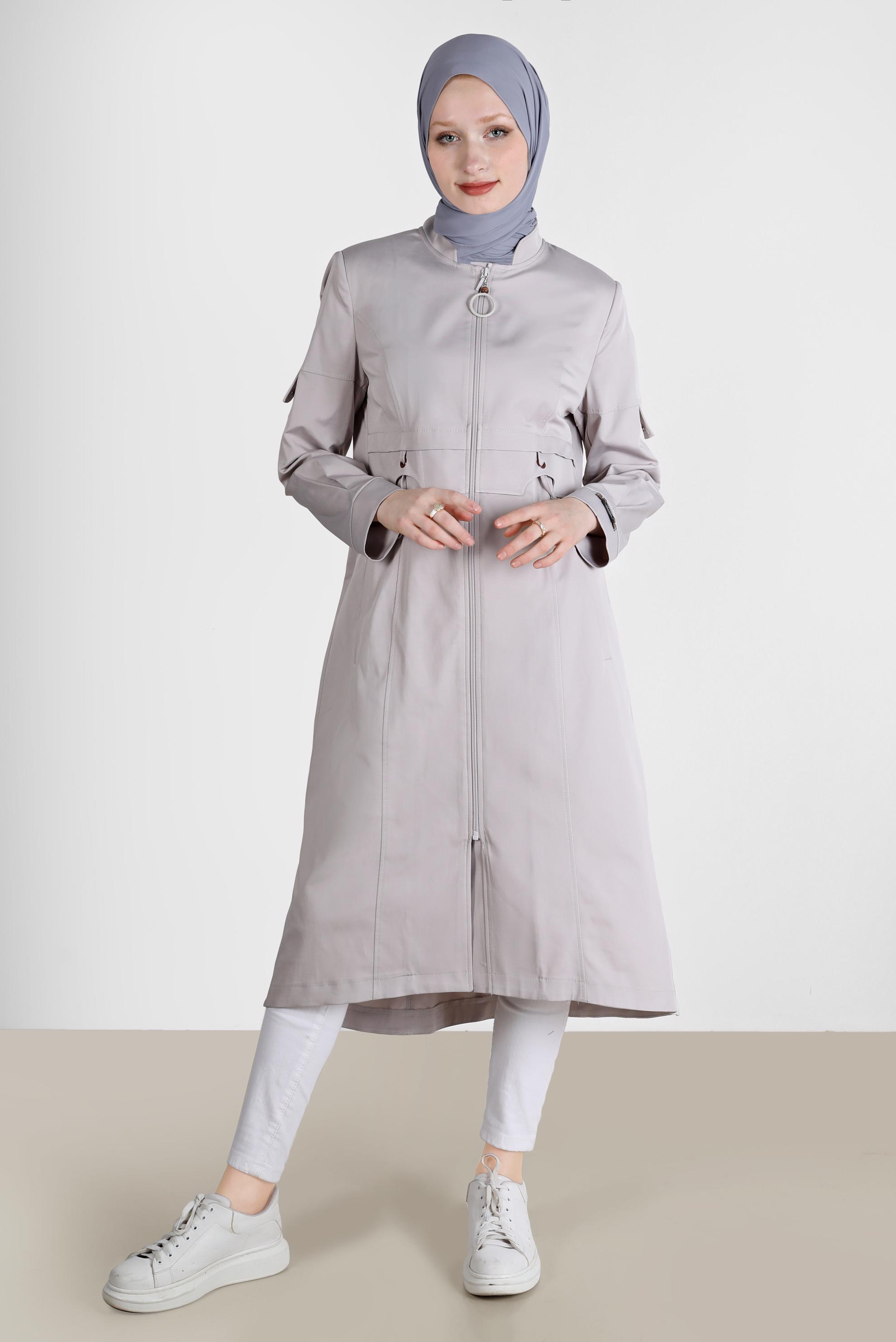 Hijab clothing BEIGE ZIPPERED MANDARIN COLLAR TRENCH COAT 10564 