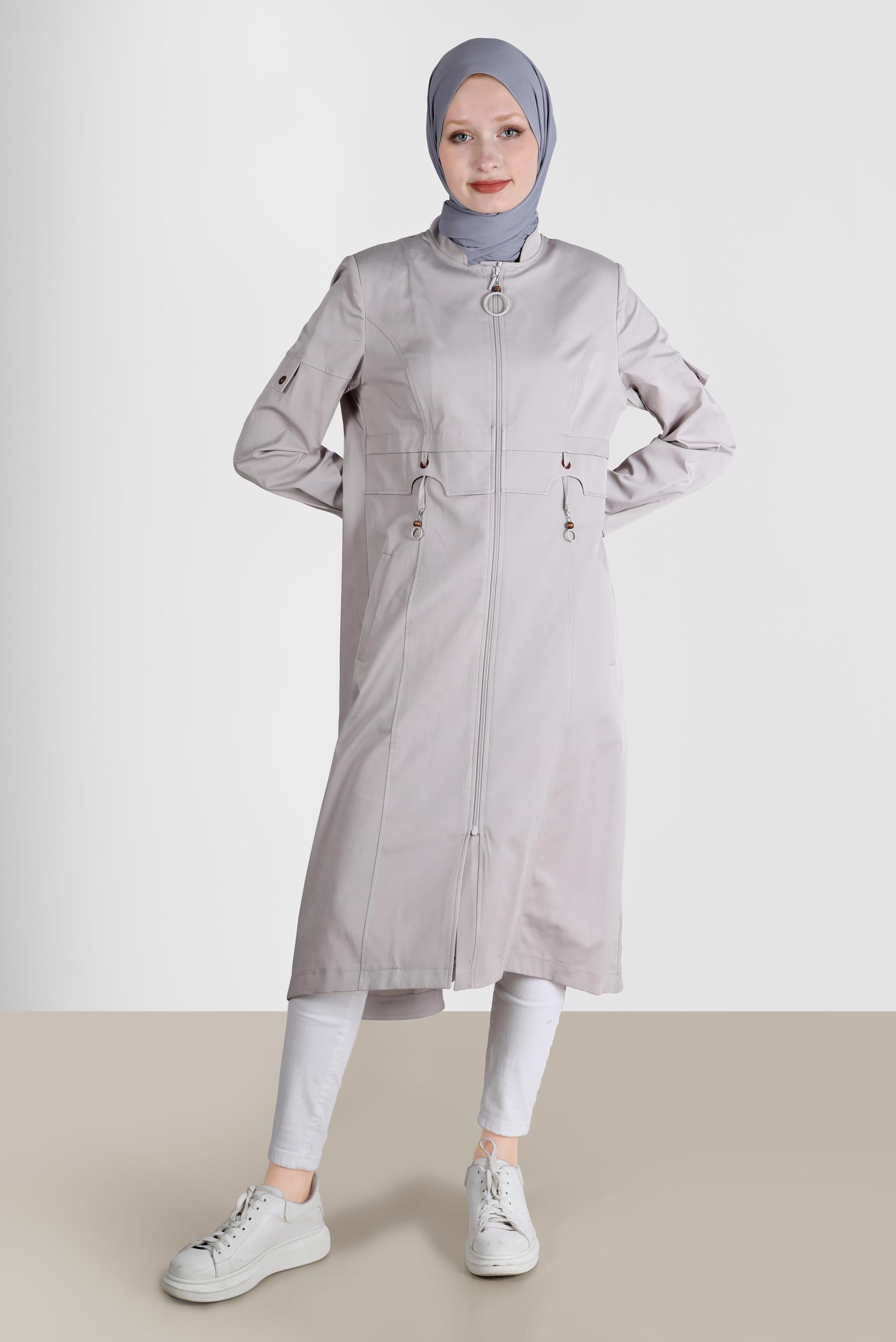 Hijab clothing BEIGE ZIPPERED MANDARIN COLLAR TRENCH COAT 10564 