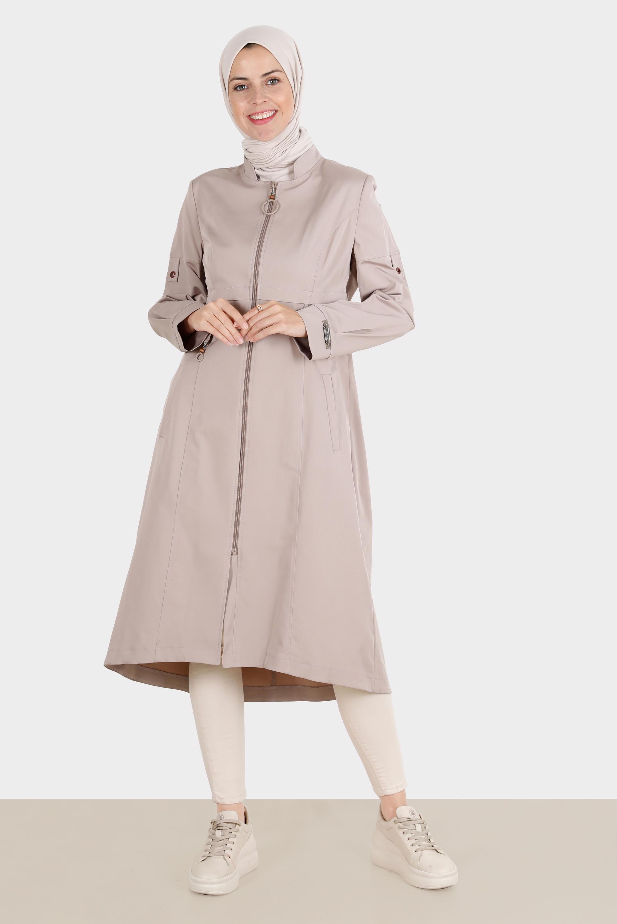 Hijab clothing SAND ZIPPERED MANDARIN COLLAR TRENCH COAT 10564 