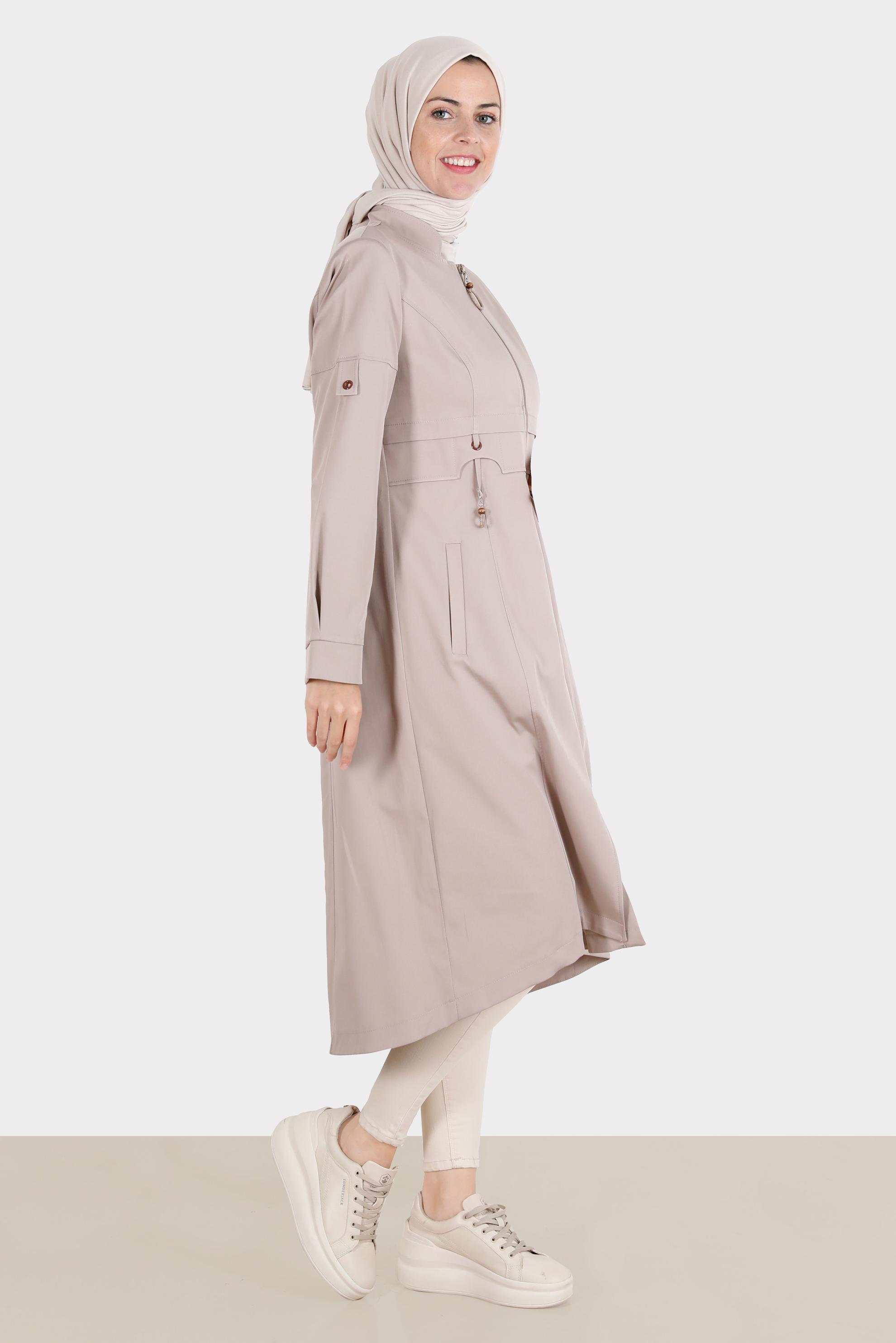 Hijab clothing SAND ZIPPERED MANDARIN COLLAR TRENCH COAT 10564 