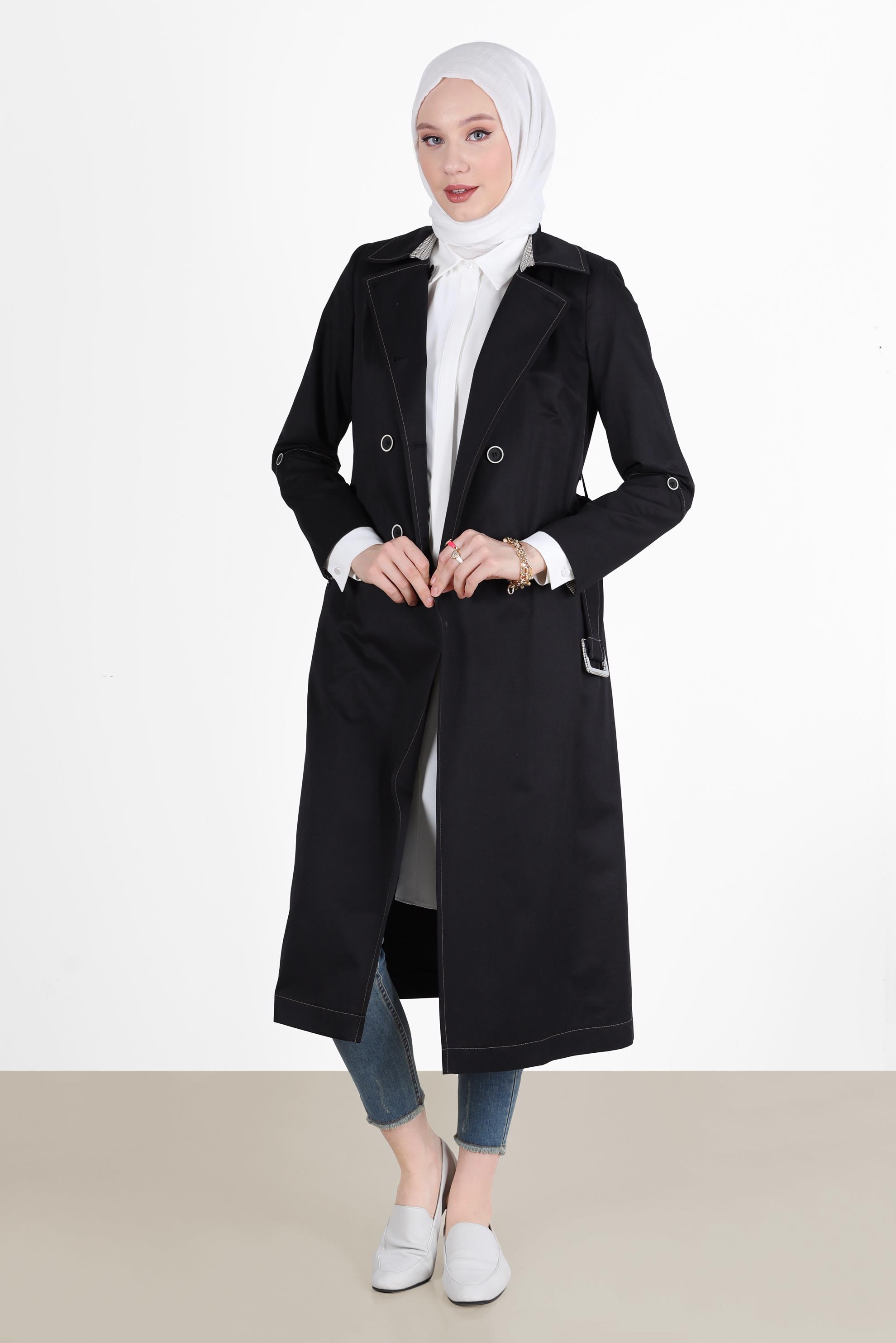 Hijab clothing BLACK CHECK DETAIL BELTED BUTTONED TRENCH COAT 10565 