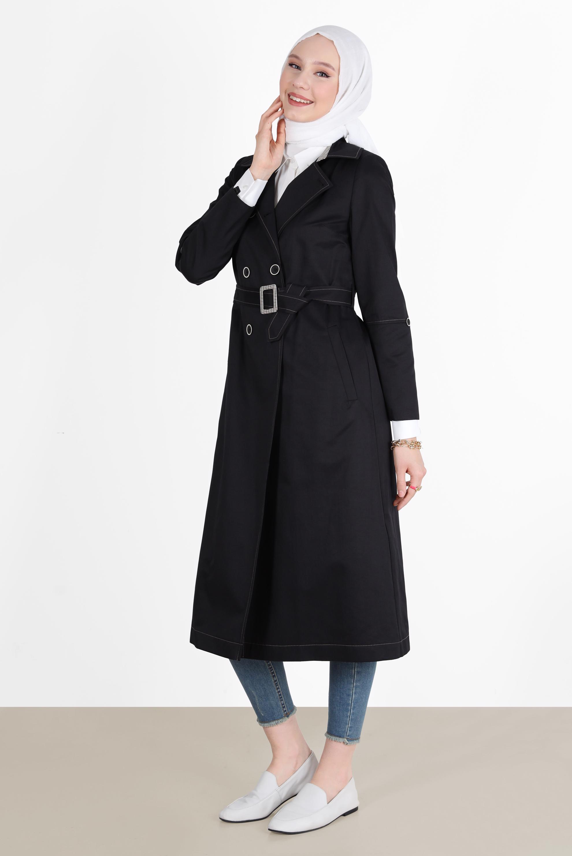 Hijab clothing BLACK CHECK DETAIL BELTED BUTTONED TRENCH COAT 10565 
