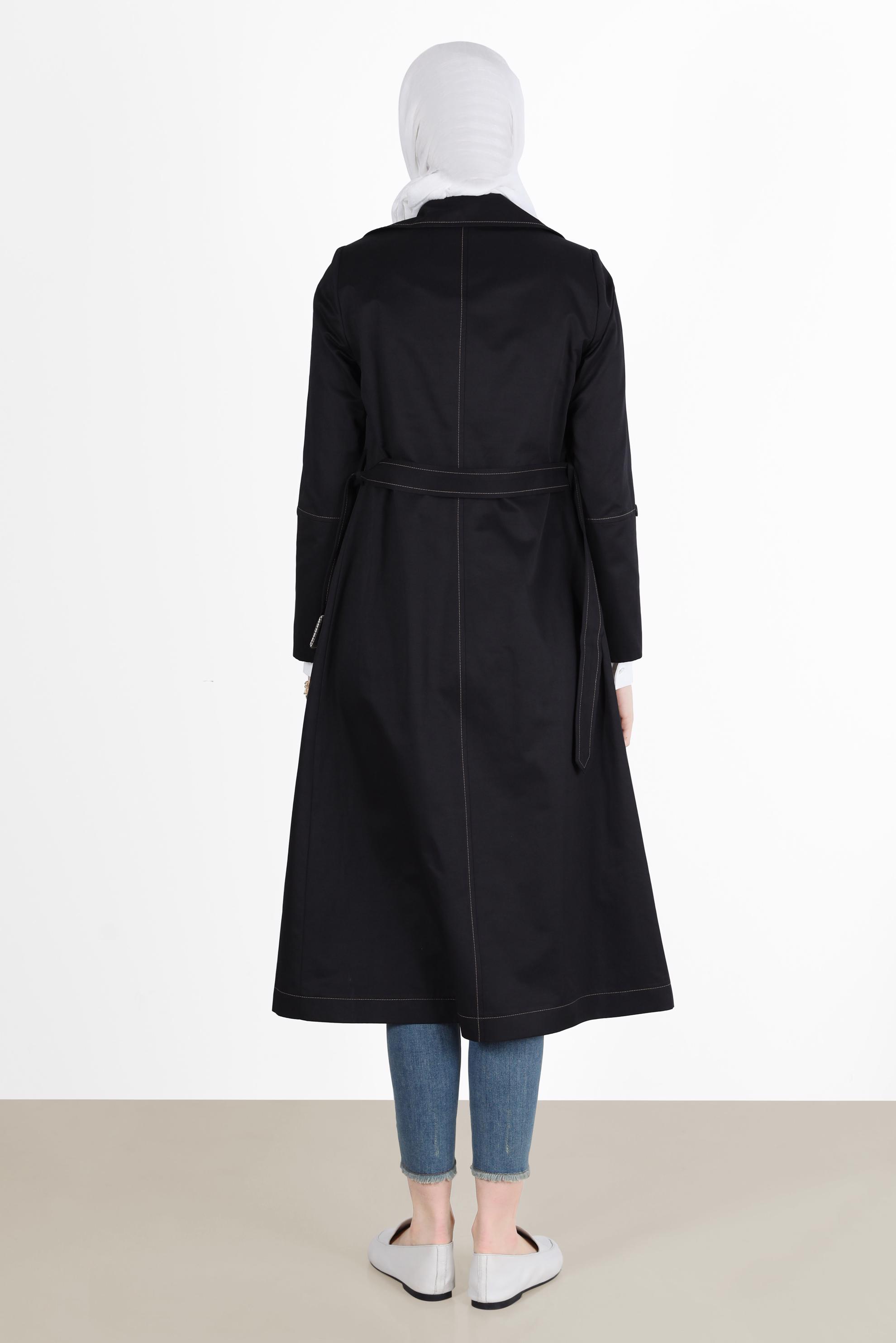 Hijab clothing BLACK CHECK DETAIL BELTED BUTTONED TRENCH COAT 10565 