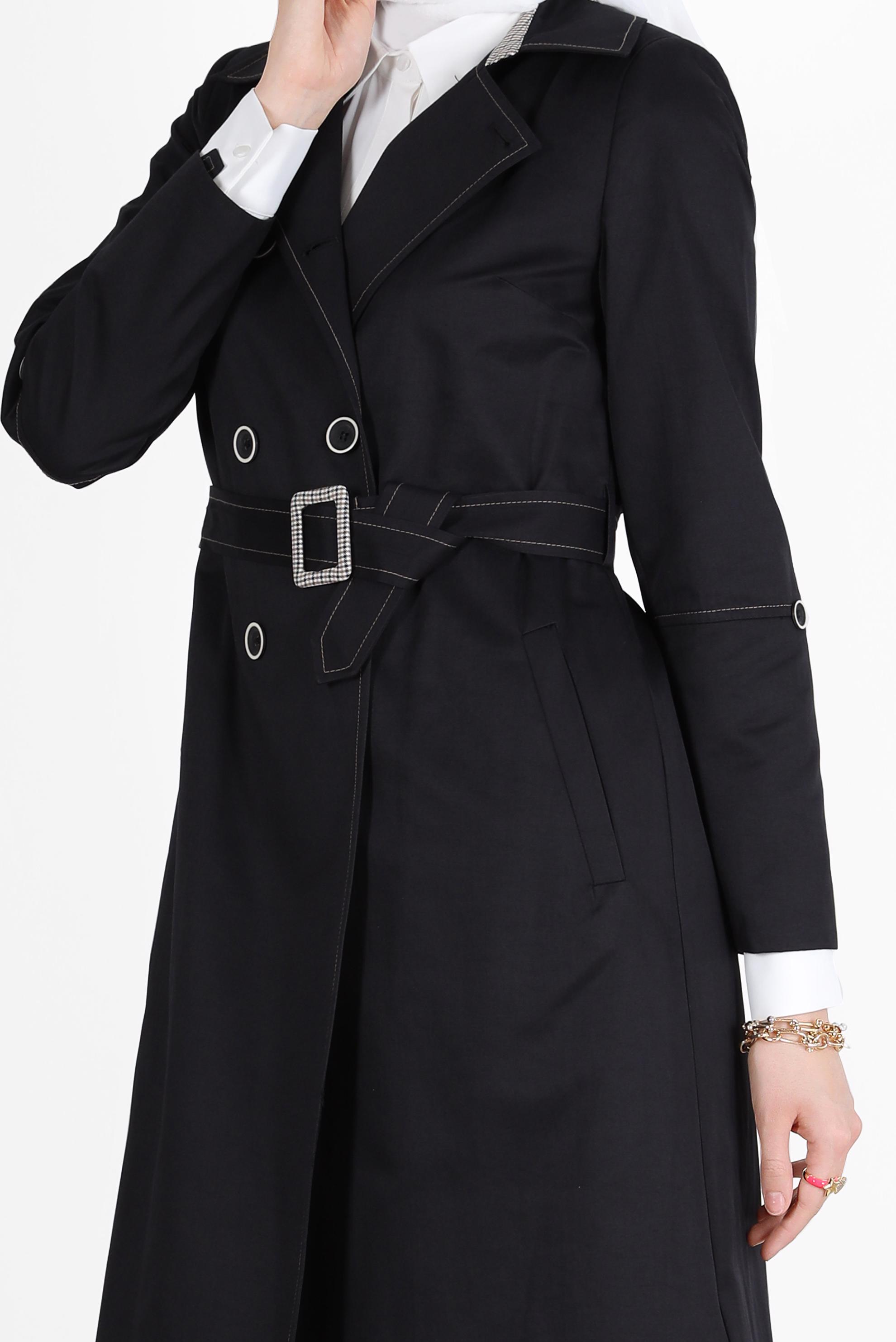 Hijab clothing BLACK CHECK DETAIL BELTED BUTTONED TRENCH COAT 10565 