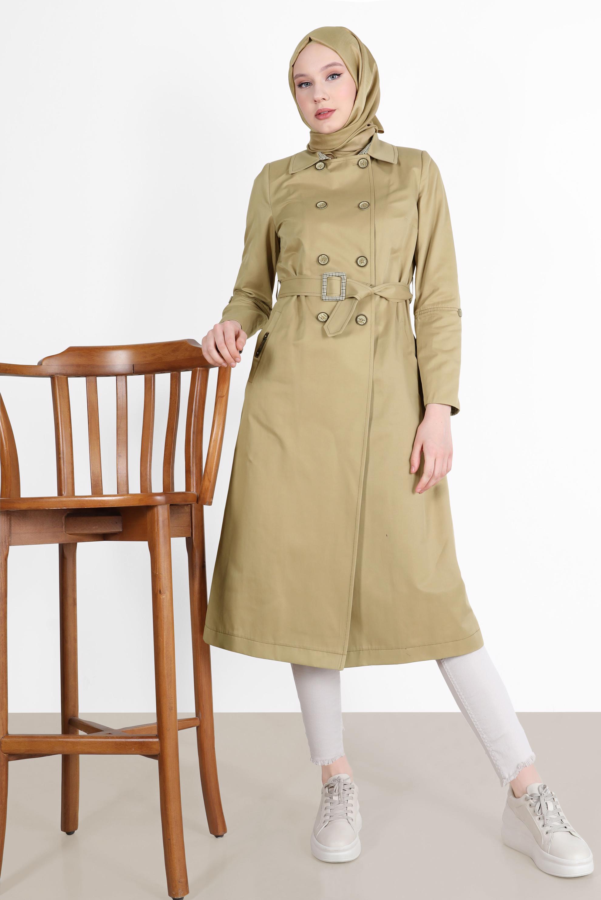 Tesettür giyim KAHVE EKOSE DESEN DETAYLI KEMERLİ DÜĞMELİ TRENÇKOT 10565 