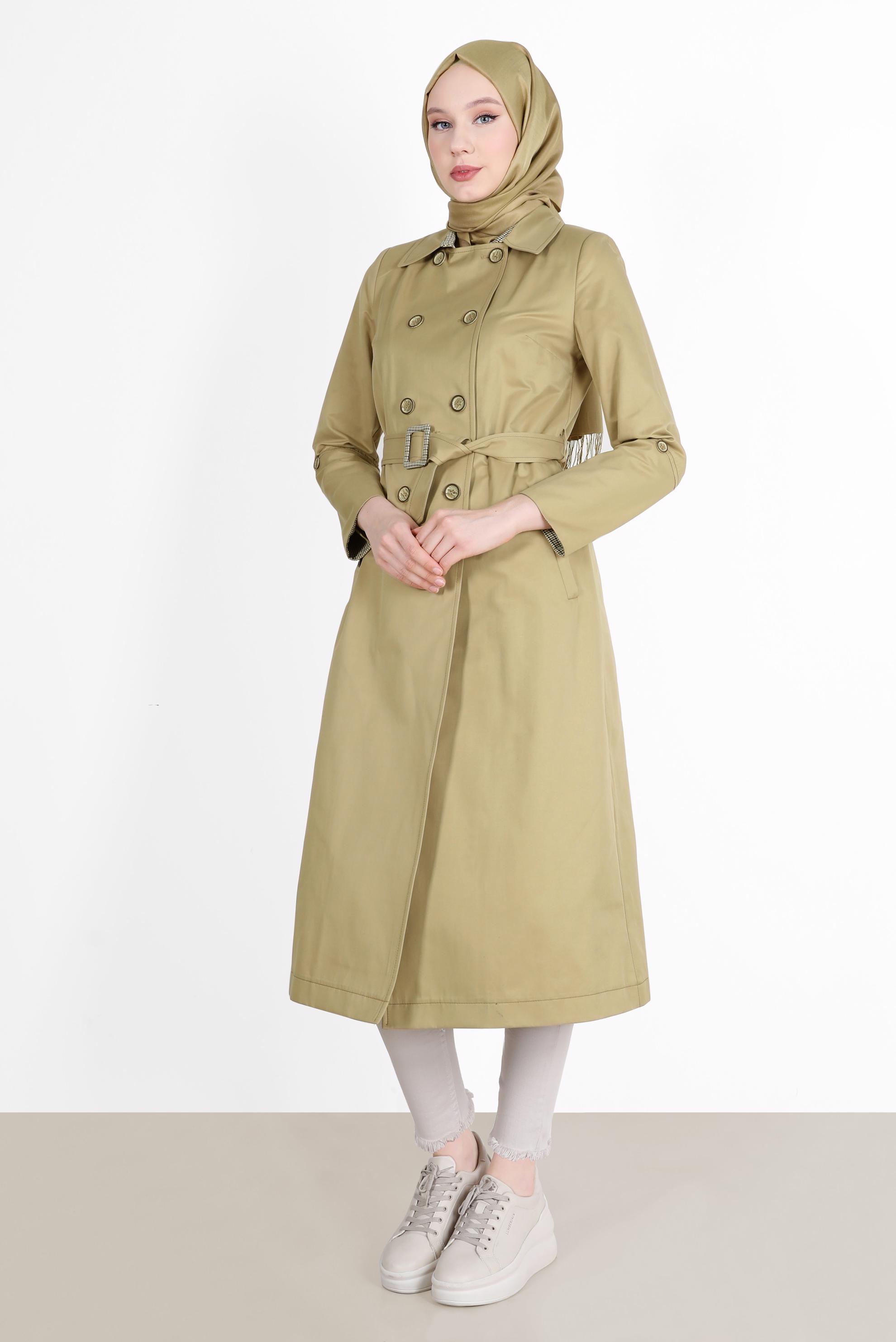 Tesettür giyim KAHVE EKOSE DESEN DETAYLI KEMERLİ DÜĞMELİ TRENÇKOT 10565 