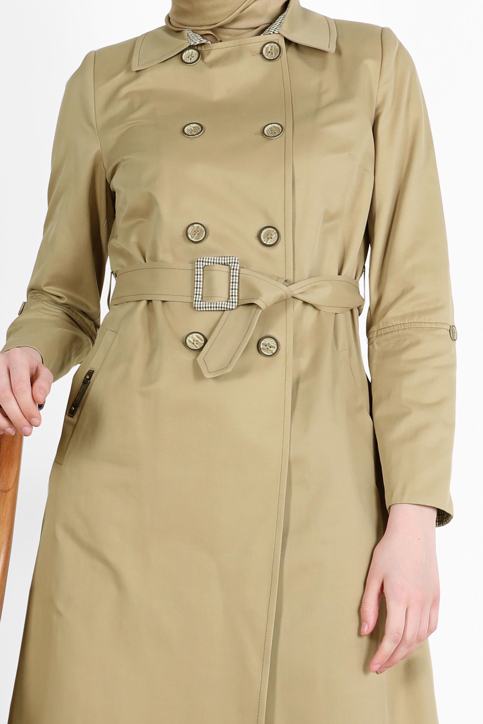 Tesettür giyim KAHVE EKOSE DESEN DETAYLI KEMERLİ DÜĞMELİ TRENÇKOT 10565 