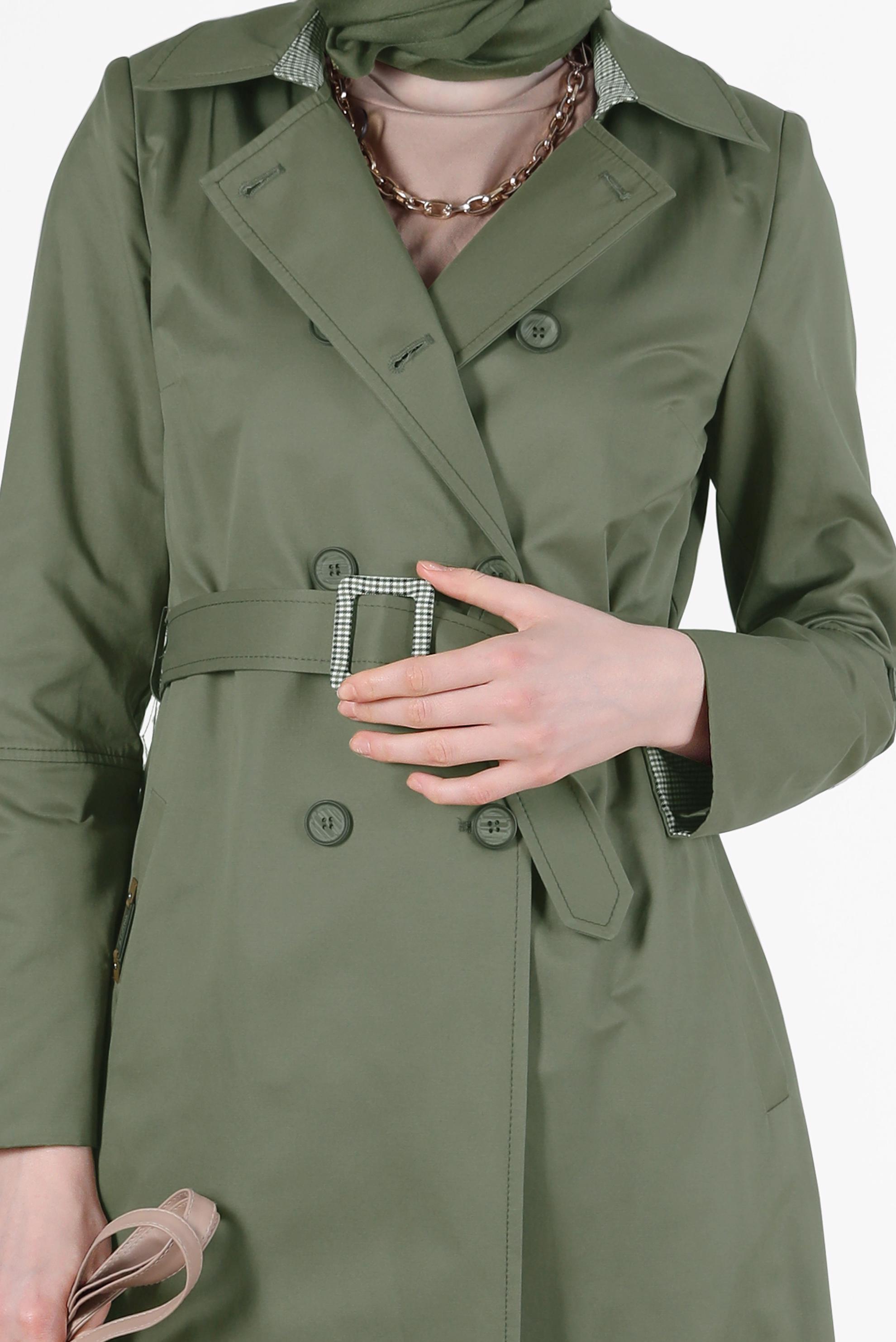 Hijab clothing KHAKI CHECK DETAIL BELTED BUTTONED TRENCH COAT 10565 