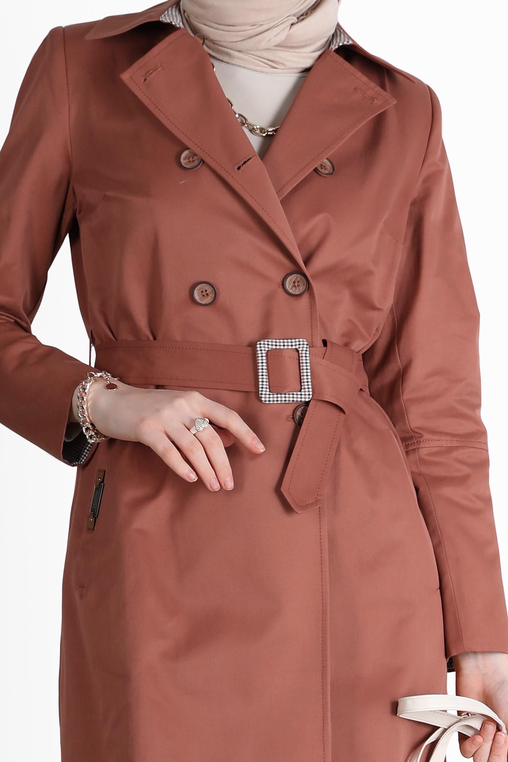 Tesettür giyim TURUNCU EKOSE DESEN DETAYLI KEMERLİ DÜĞMELİ TRENÇKOT 10565 