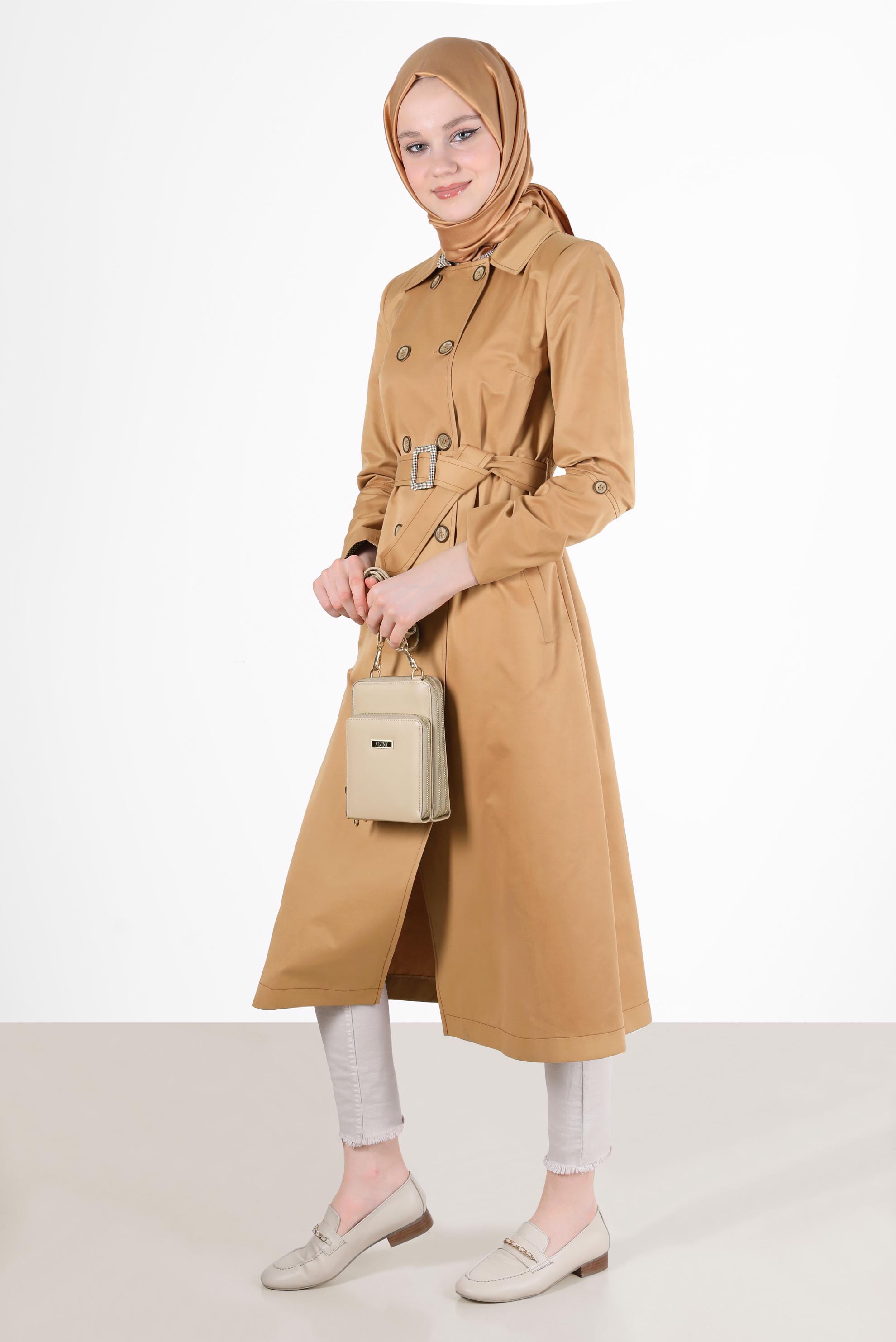 Tesettür giyim KAHVE EKOSE DESEN DETAYLI KEMERLİ DÜĞMELİ TRENÇKOT 10565 