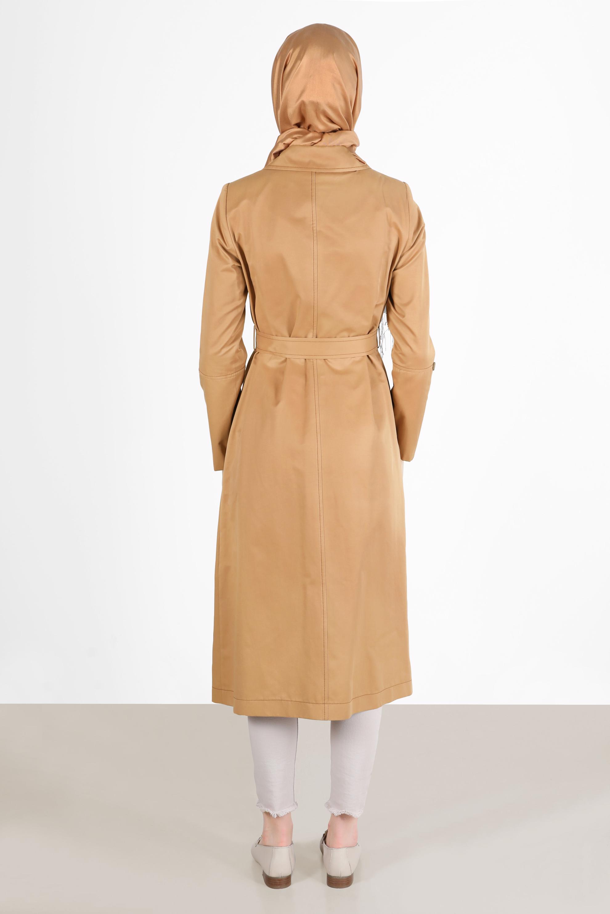 Tesettür giyim KAHVE EKOSE DESEN DETAYLI KEMERLİ DÜĞMELİ TRENÇKOT 10565 