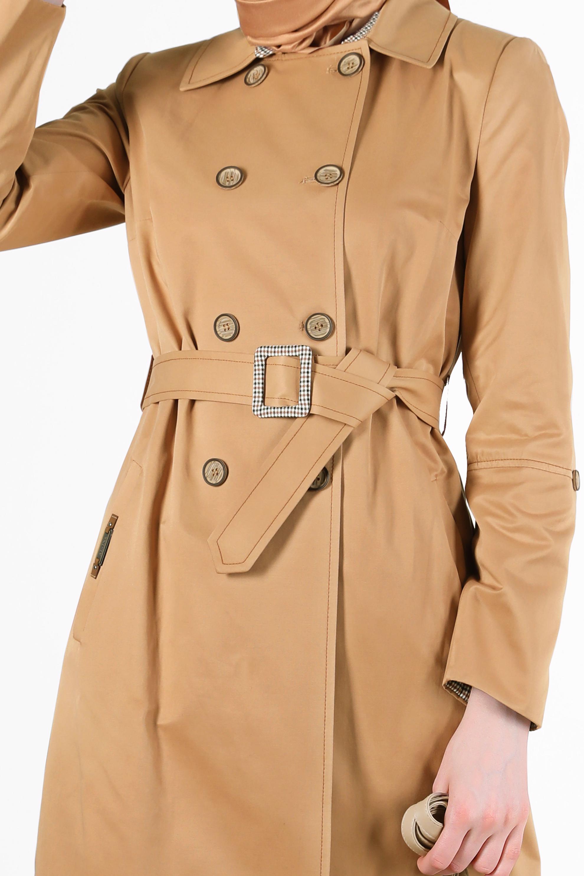 Tesettür giyim KAHVE EKOSE DESEN DETAYLI KEMERLİ DÜĞMELİ TRENÇKOT 10565 