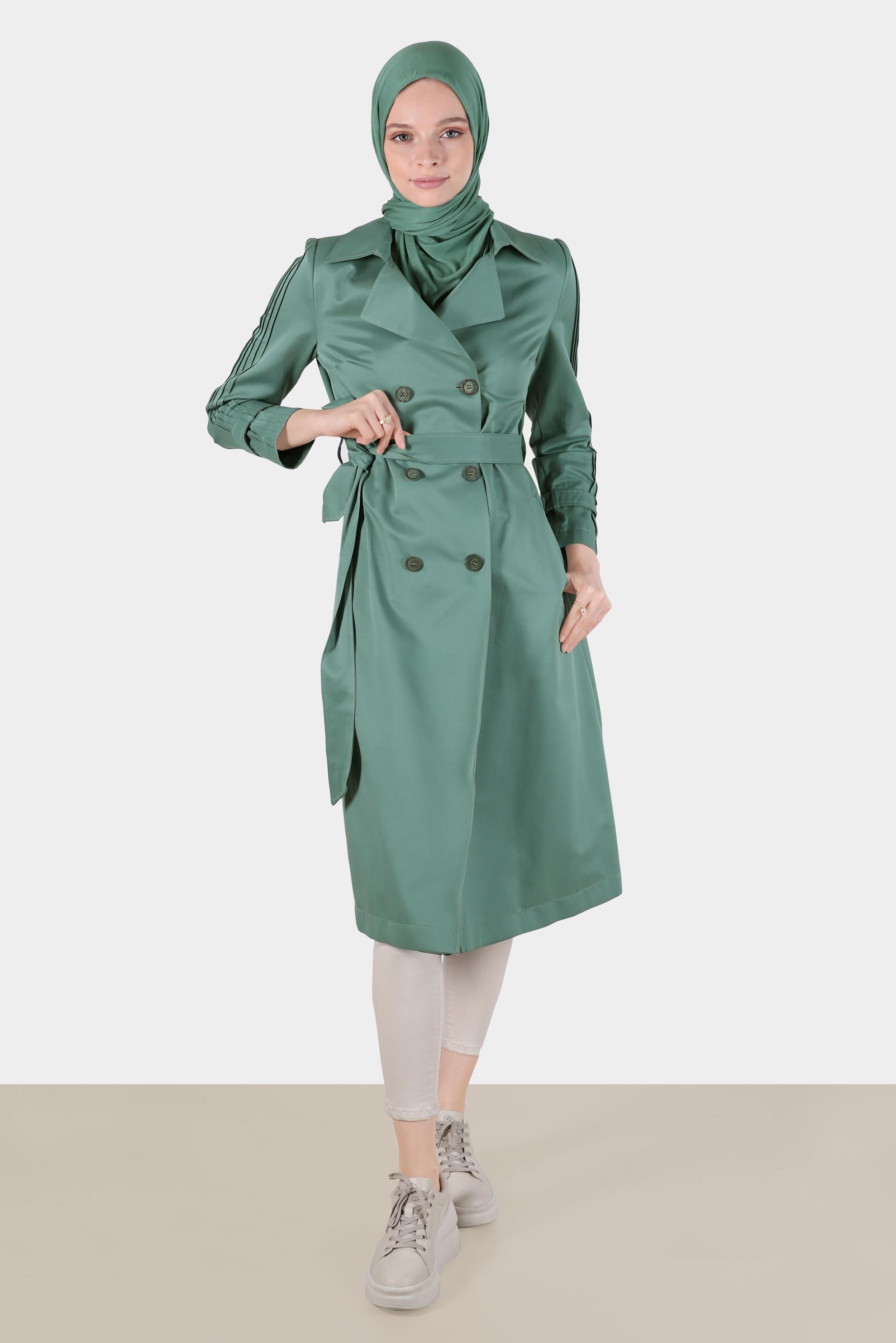 Hijab clothing GREEN BELTED TRENCH COAT WITH PLEATED SLEEVES 10567 