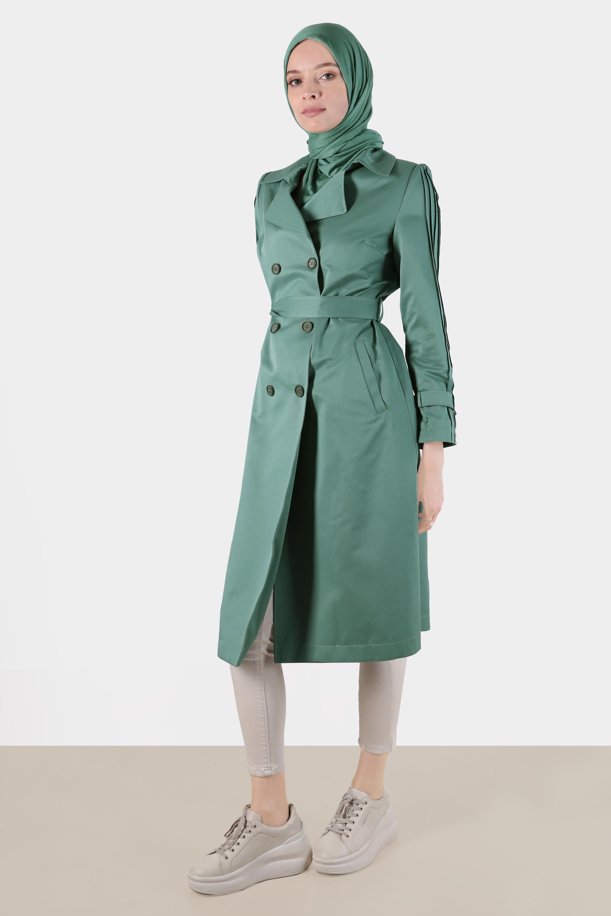 Hijab clothing GREEN BELTED TRENCH COAT WITH PLEATED SLEEVES 10567 