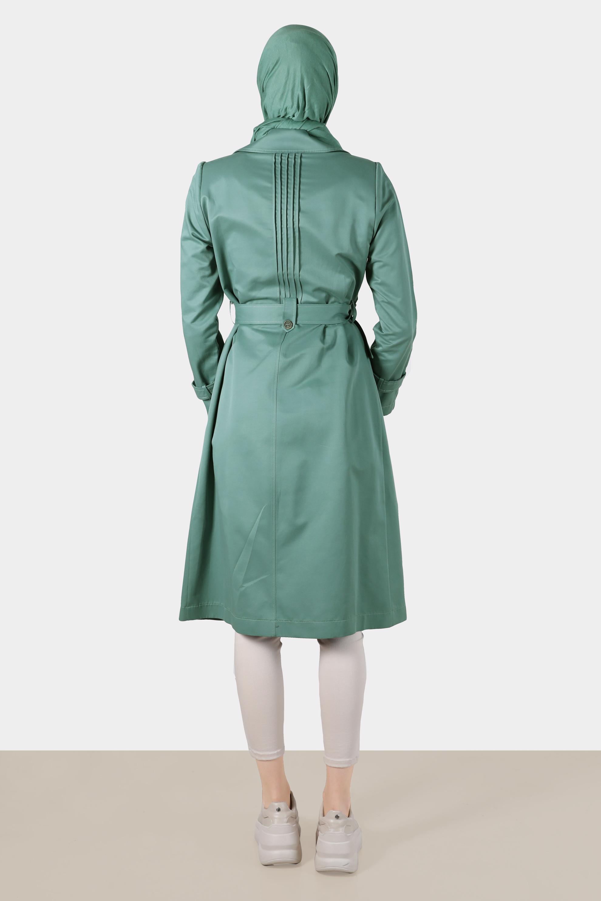 Hijab clothing GREEN BELTED TRENCH COAT WITH PLEATED SLEEVES 10567 