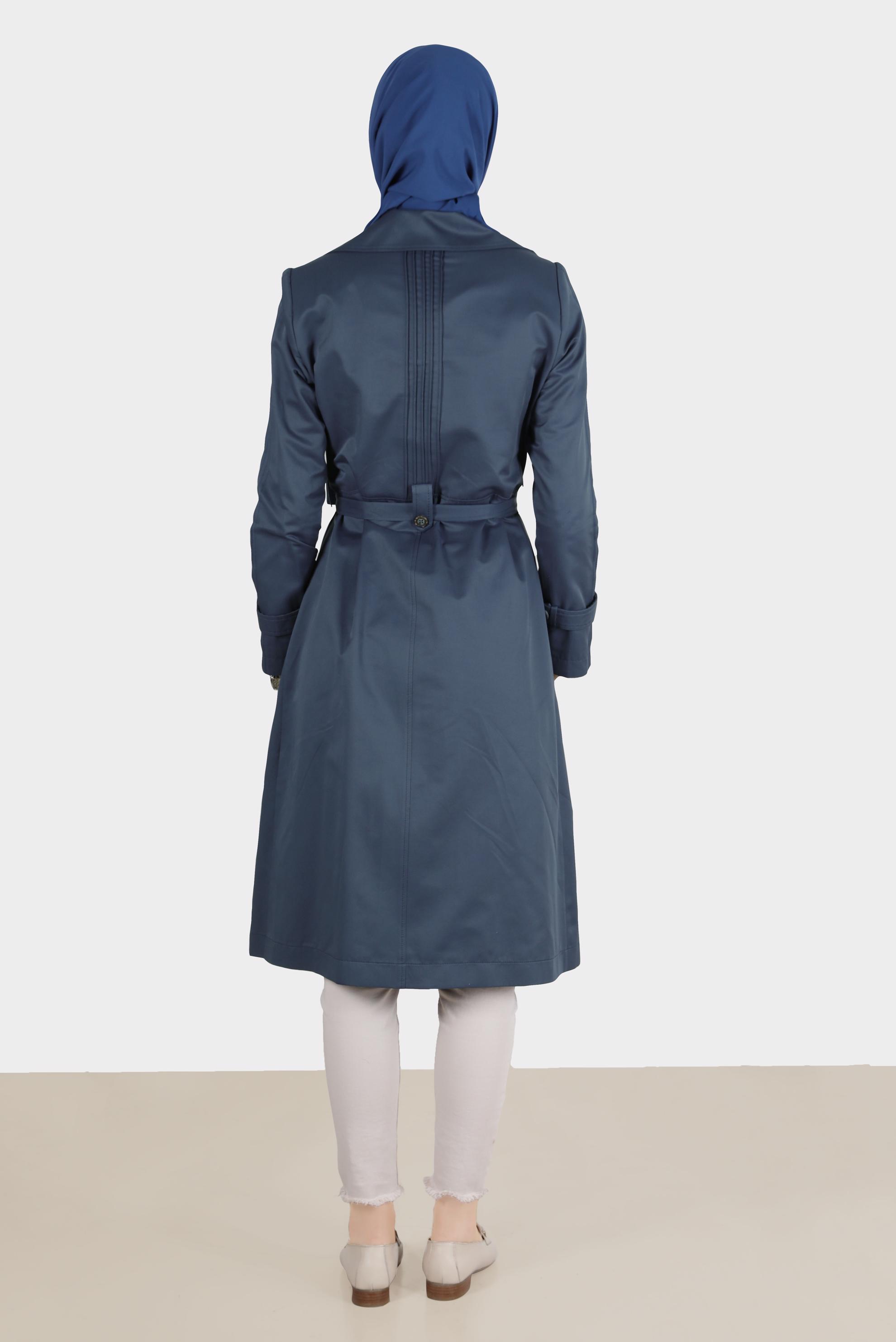 Tesettür giyim LACİVERT KOLLARI PİLE DETAYLI KUŞAKLI TRENÇKOT 10567