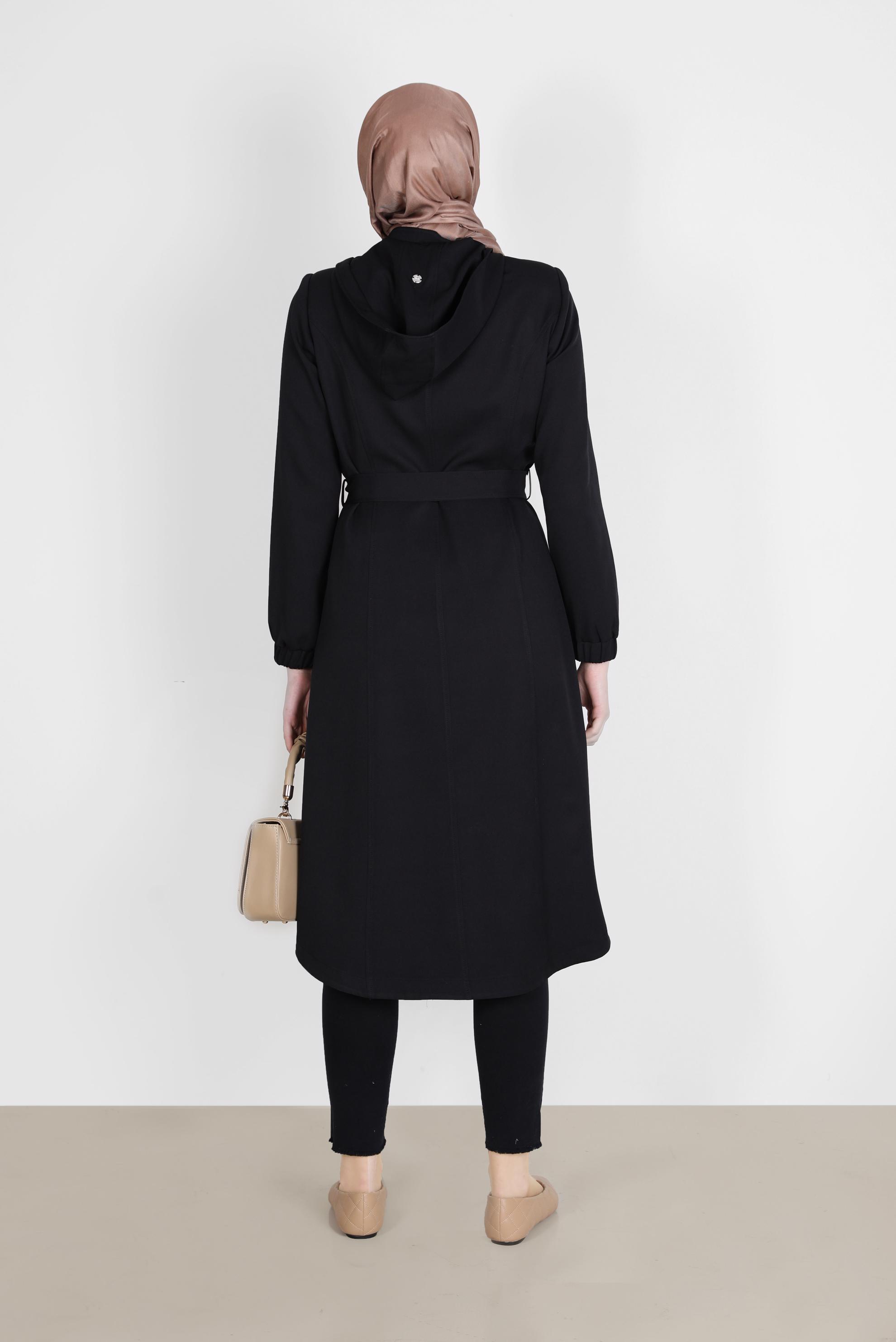 Tesettür giyim SİYAH NAKIŞLI KUŞAKLI TRENÇKOT 10568 