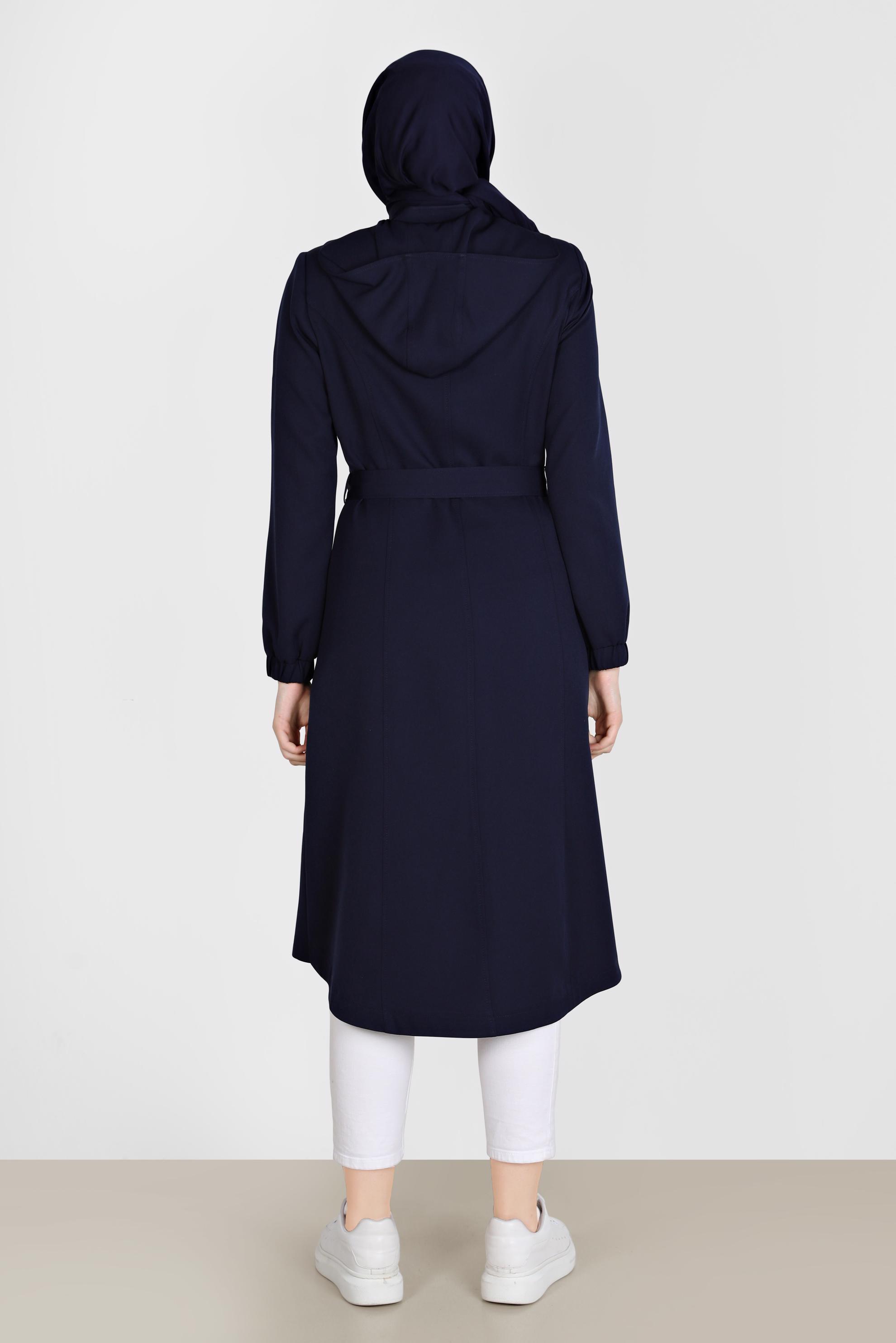 Tesettür giyim LACİVERT NAKIŞLI KUŞAKLI TRENÇKOT 10568 