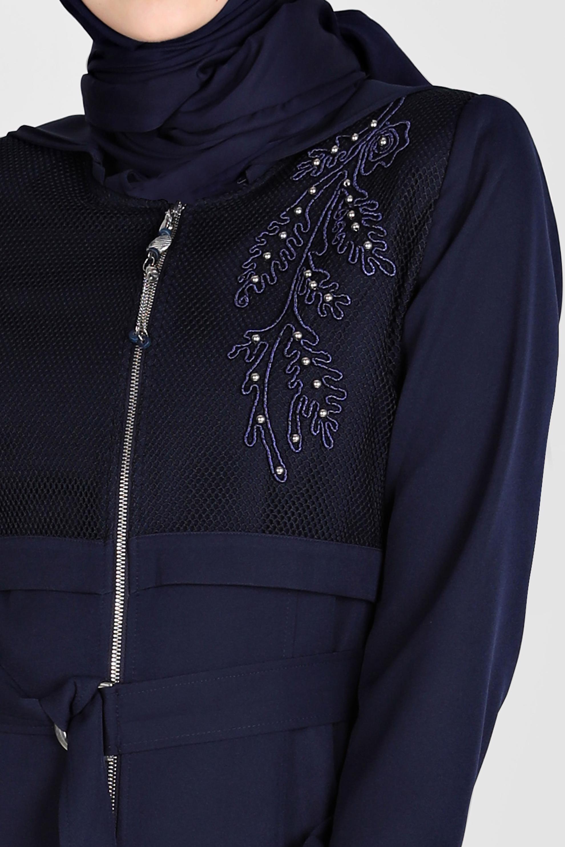 Tesettür giyim LACİVERT NAKIŞLI KUŞAKLI TRENÇKOT 10568 