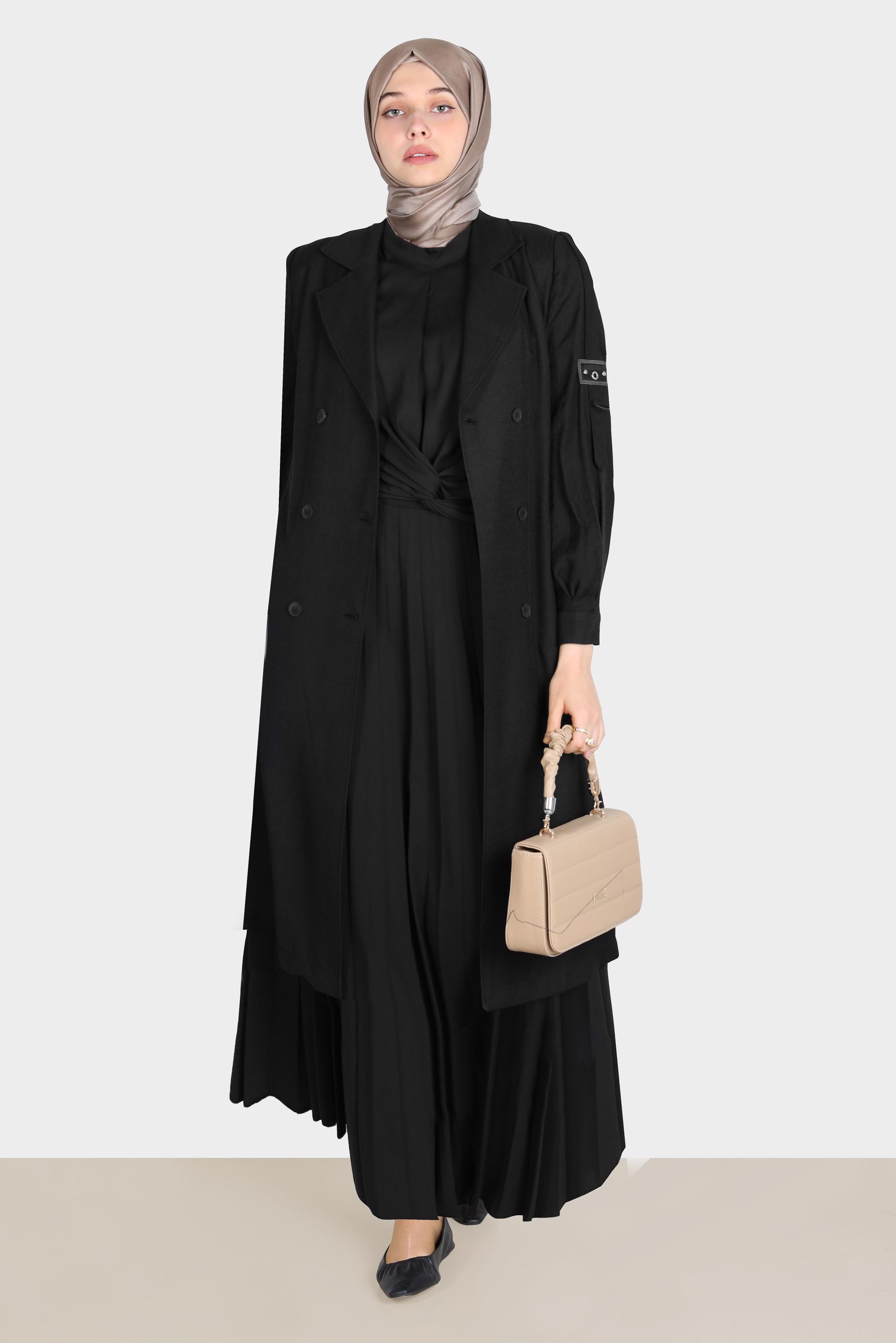 Tesettür giyim SİYAH KUŞAKLI DÜĞMELİ TRENÇKOT 10570 