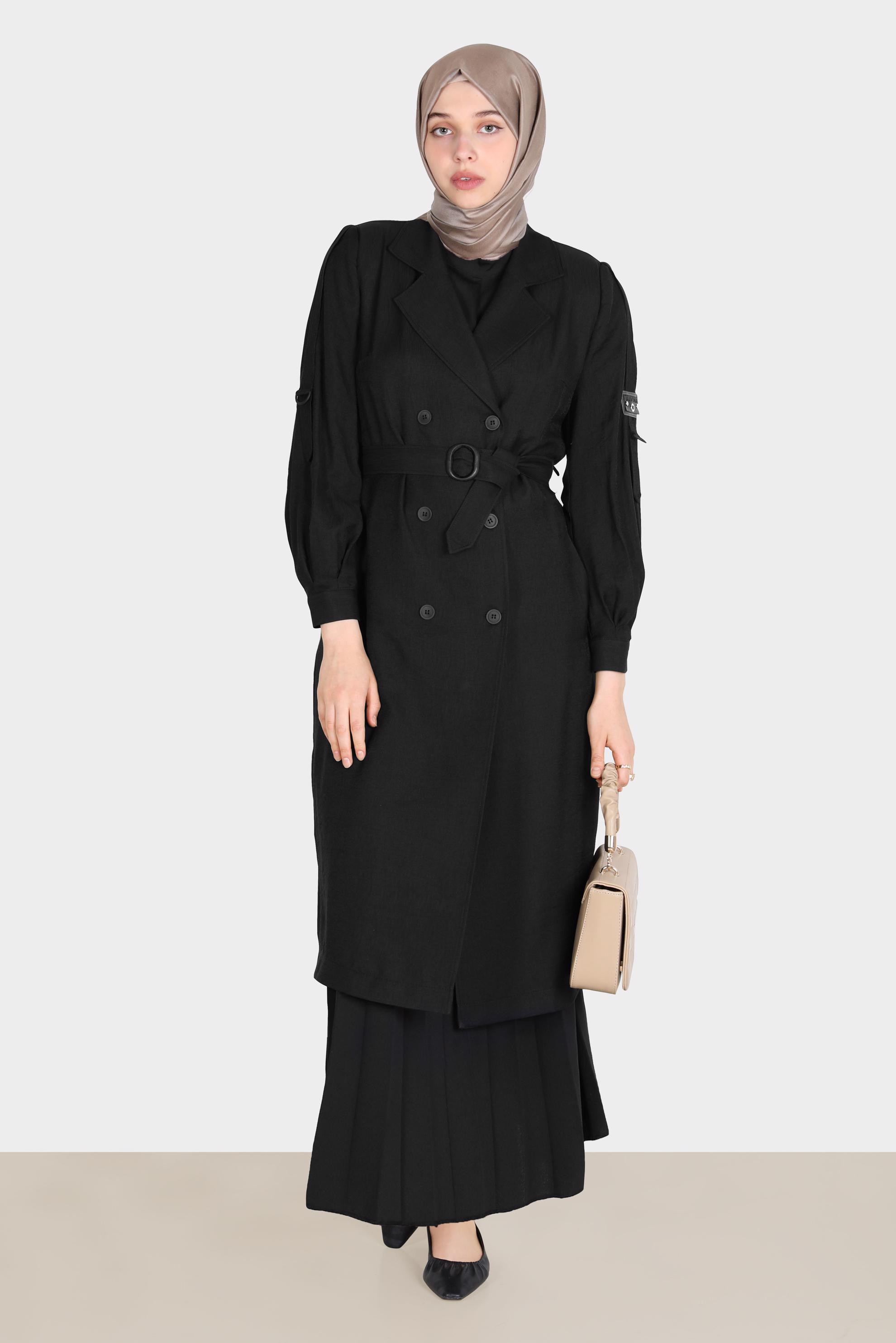 Tesettür giyim SİYAH KUŞAKLI DÜĞMELİ TRENÇKOT 10570 