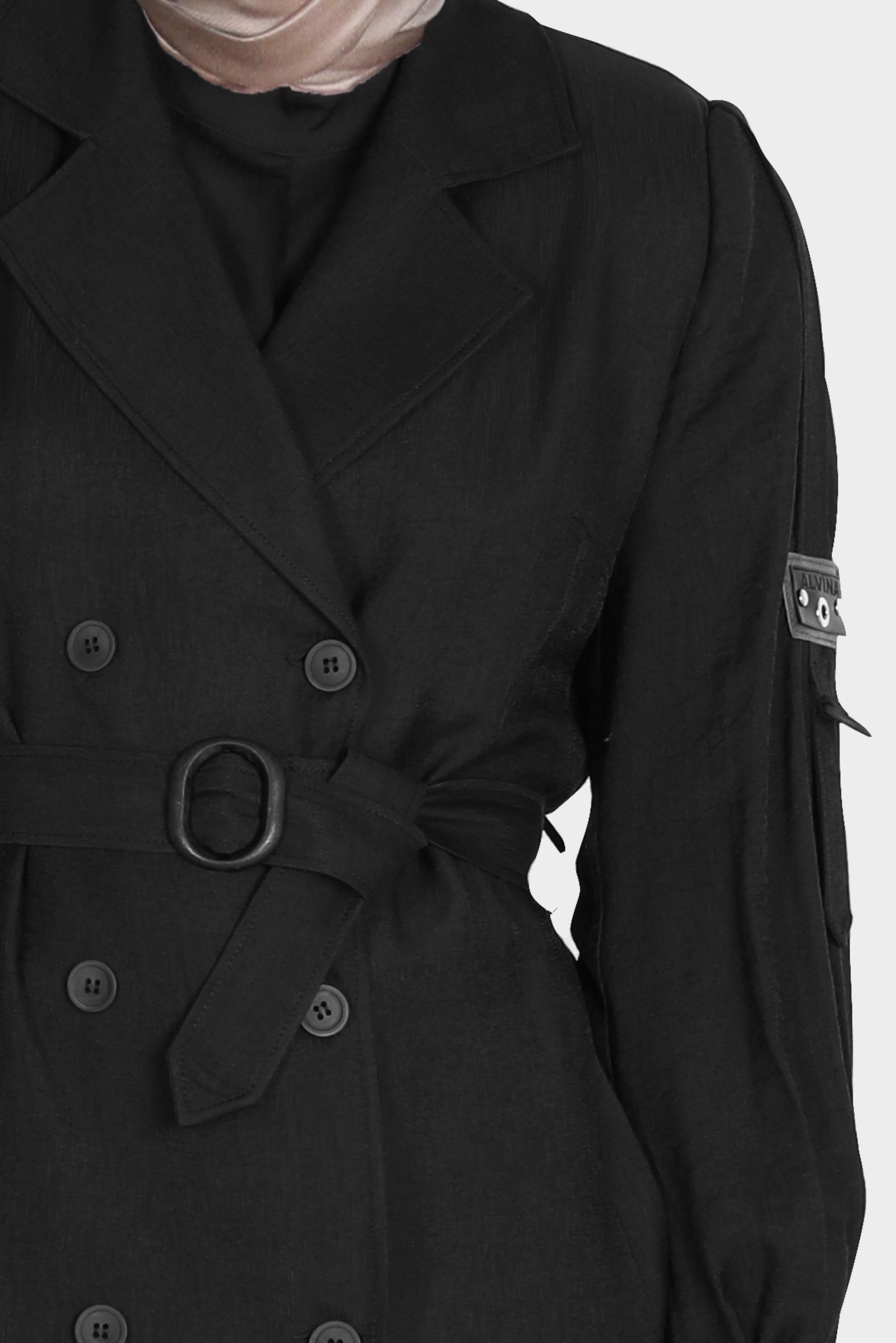 Tesettür giyim SİYAH KUŞAKLI DÜĞMELİ TRENÇKOT 10570 