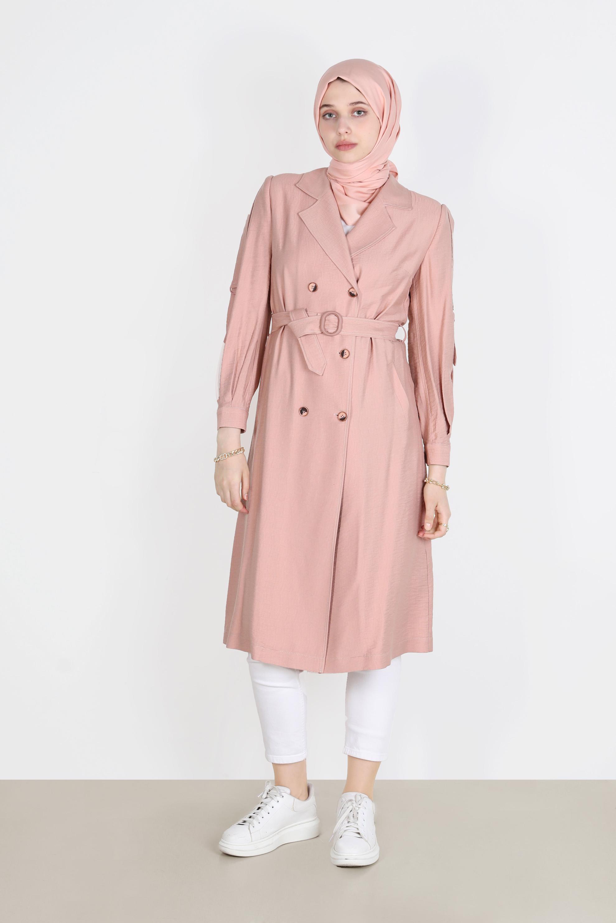 Hijab clothing POWDER BELTED BUTTONED TRENCH COAT 10570 