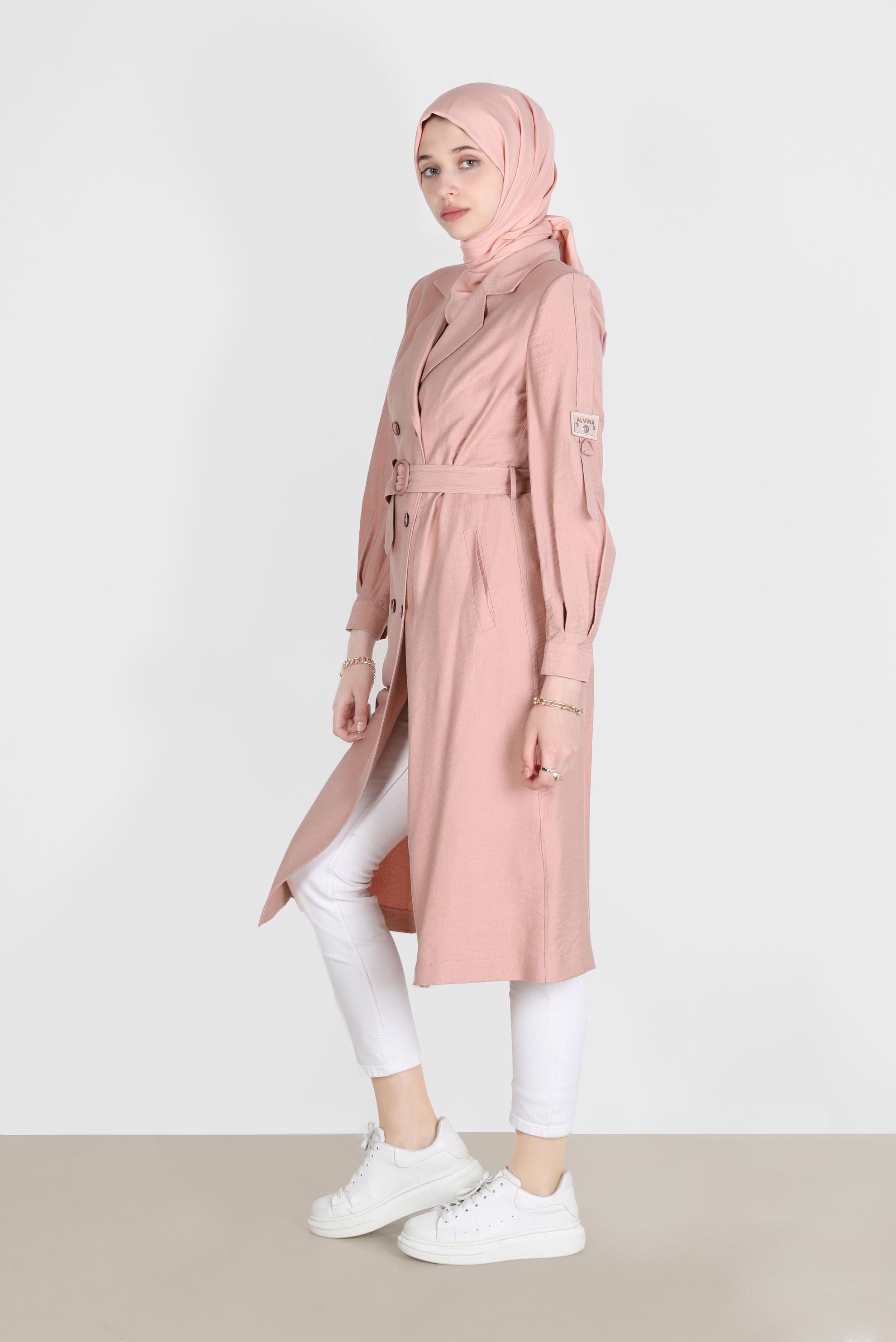 Hijab clothing POWDER BELTED BUTTONED TRENCH COAT 10570 