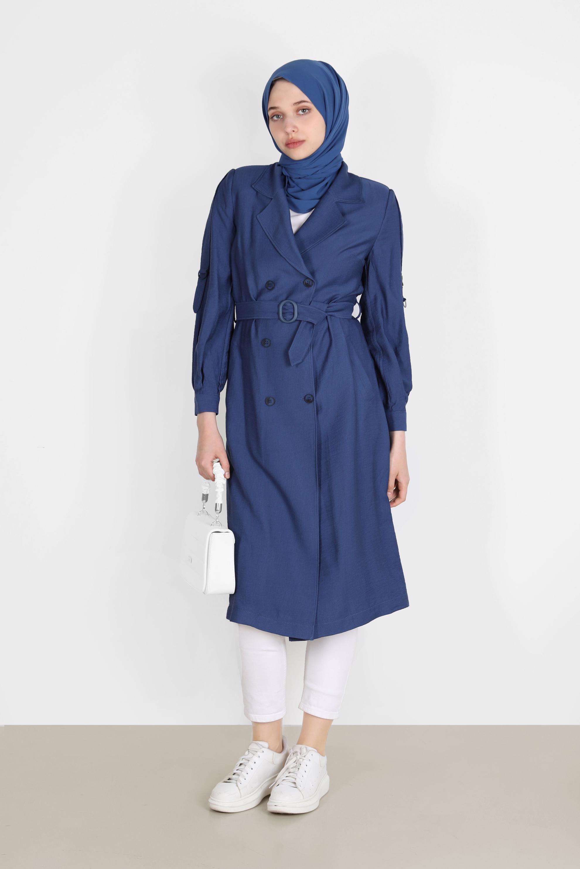 Hijab clothing NAVY BLUE BELTED BUTTONED TRENCH COAT 10570 
