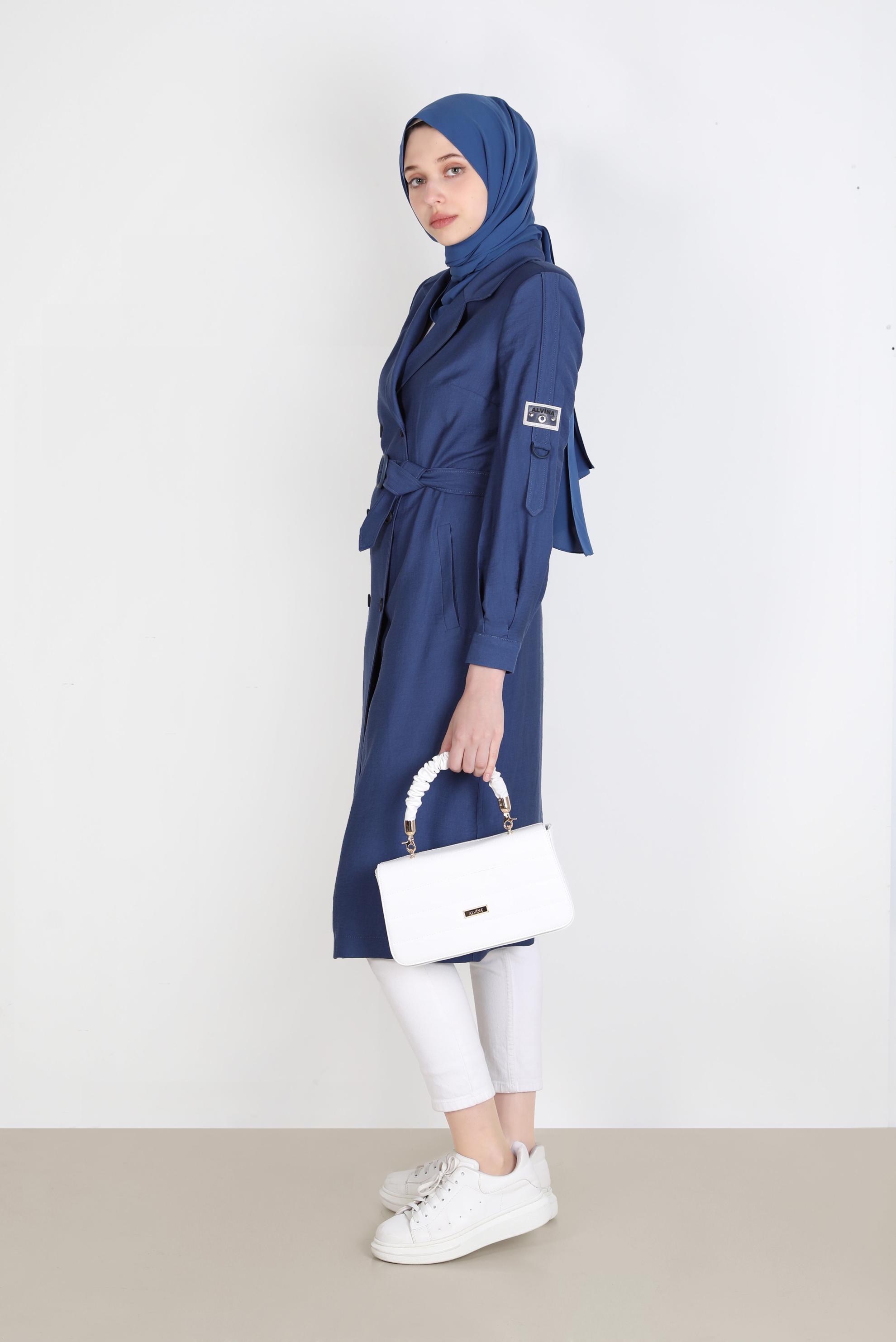 Hijab clothing NAVY BLUE BELTED BUTTONED TRENCH COAT 10570 