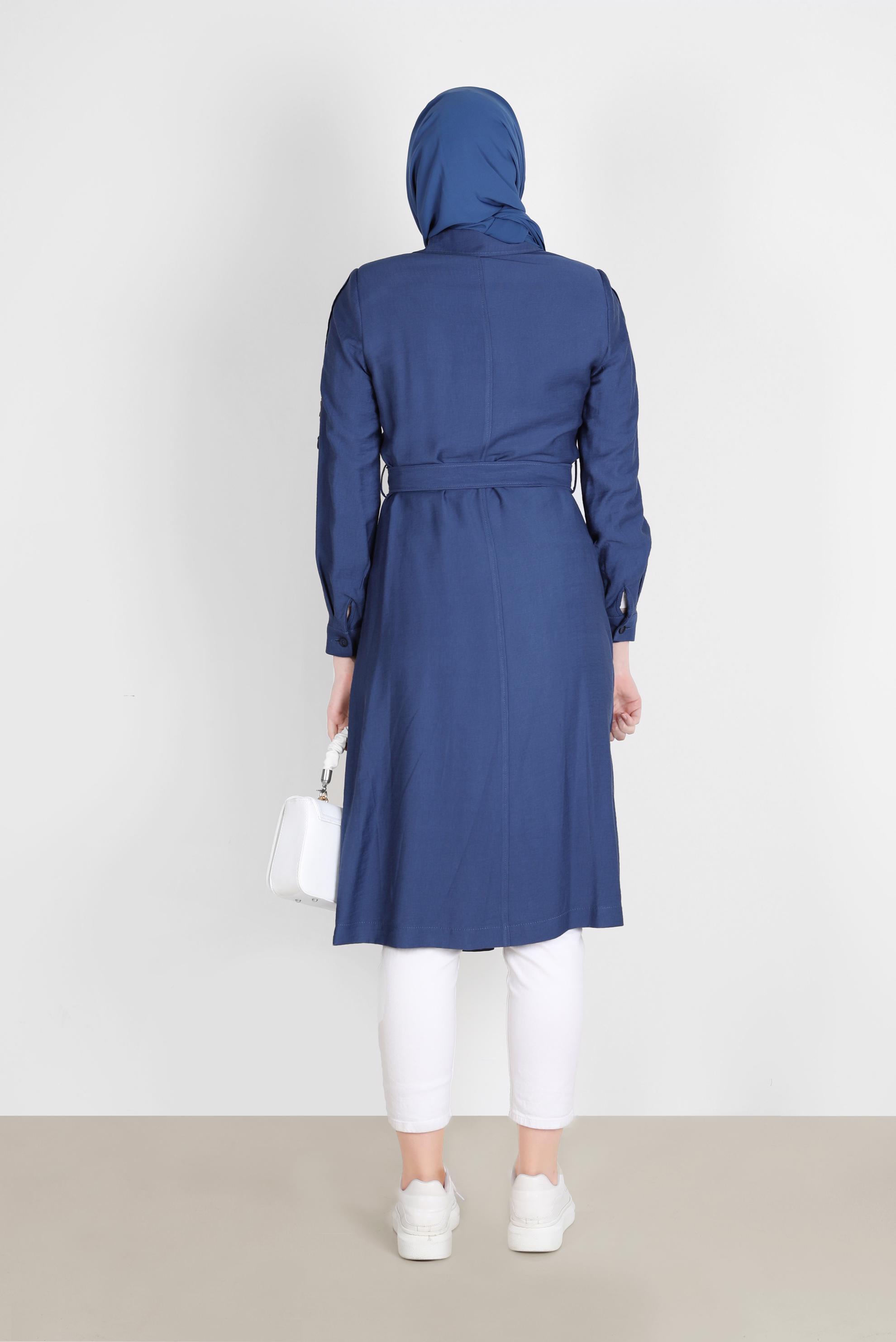 Hijab clothing NAVY BLUE BELTED BUTTONED TRENCH COAT 10570 