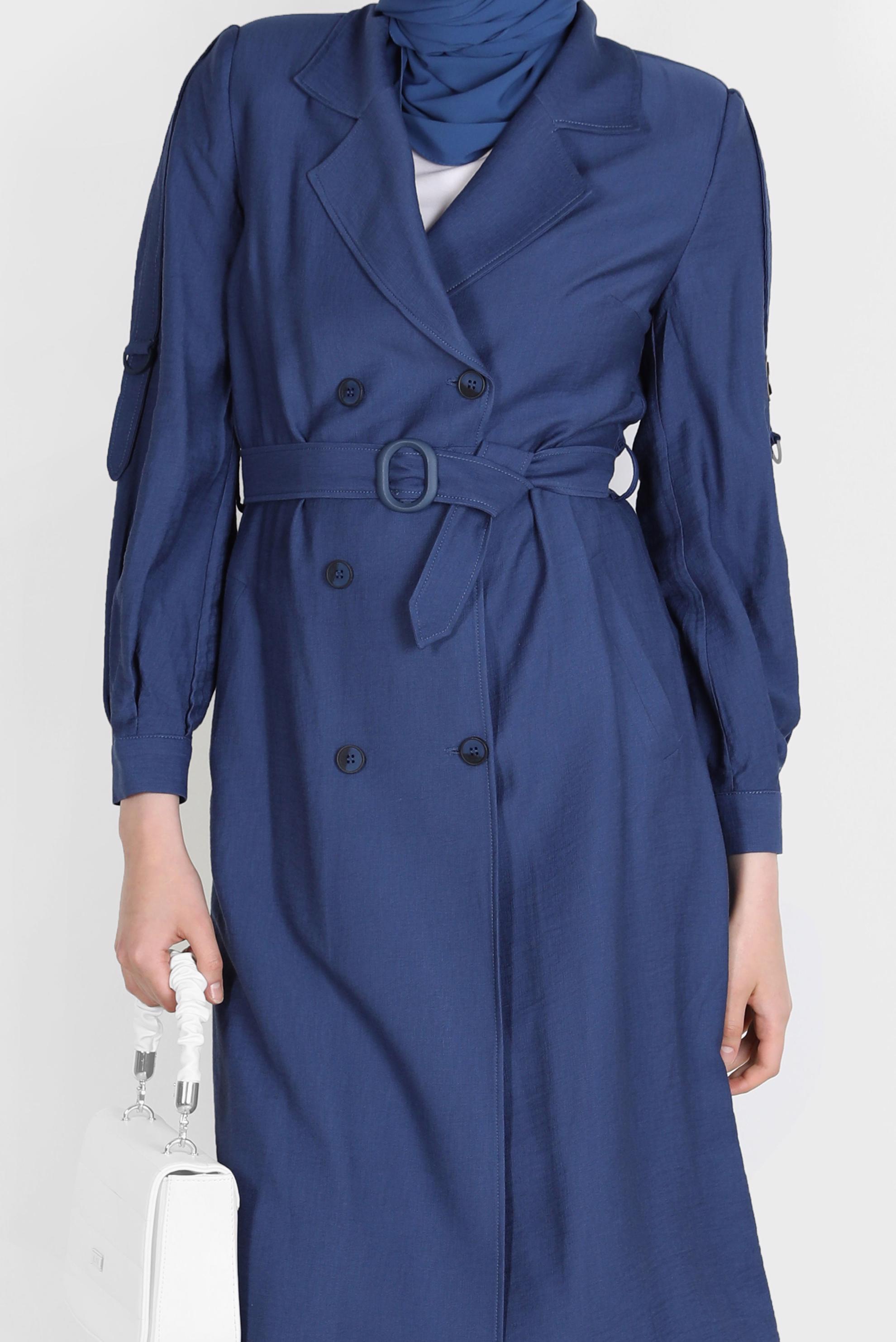 Hijab clothing NAVY BLUE BELTED BUTTONED TRENCH COAT 10570 
