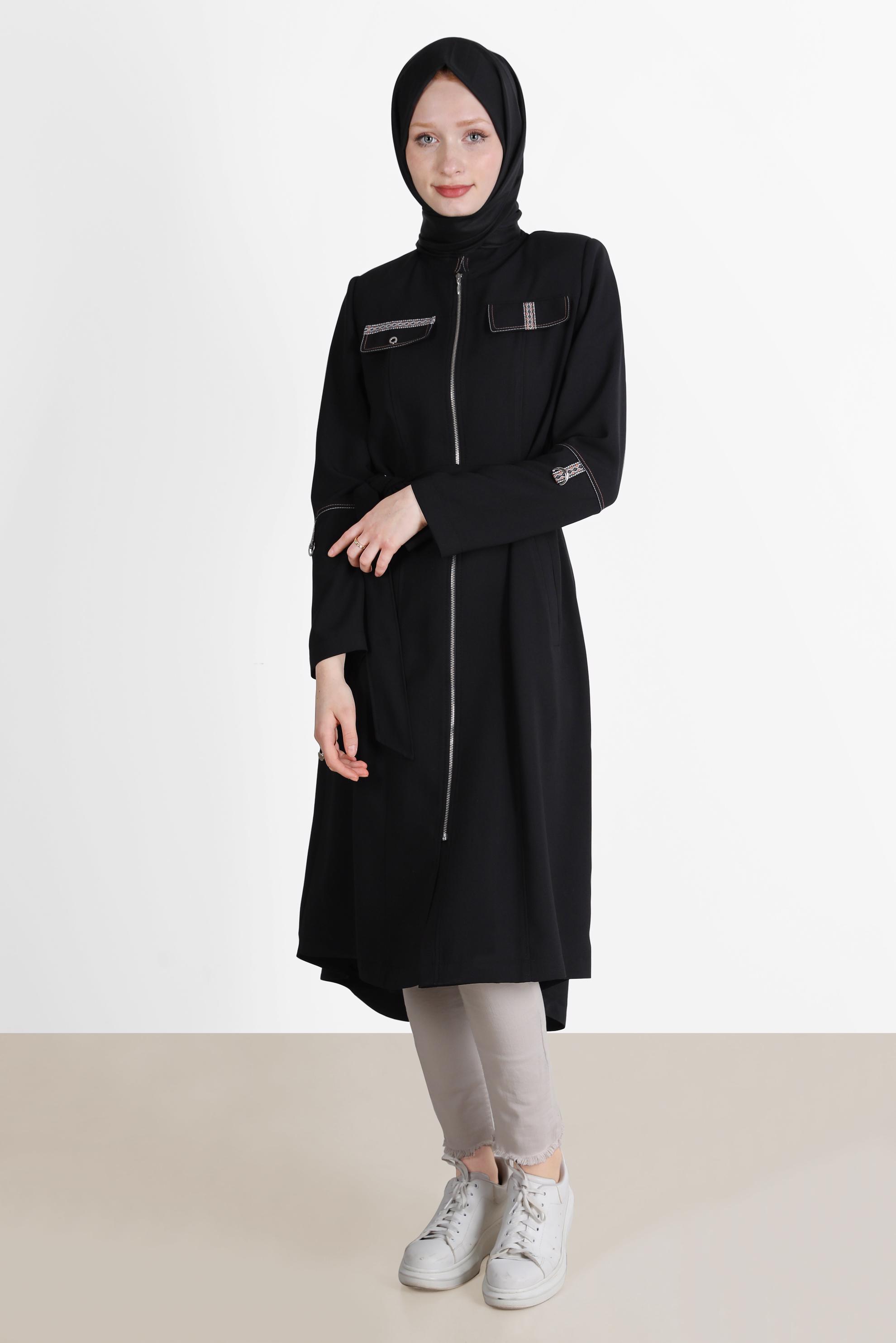 Hijab clothing BLACK FRINGE DETAIL BELTED TRENCH COAT 10579 