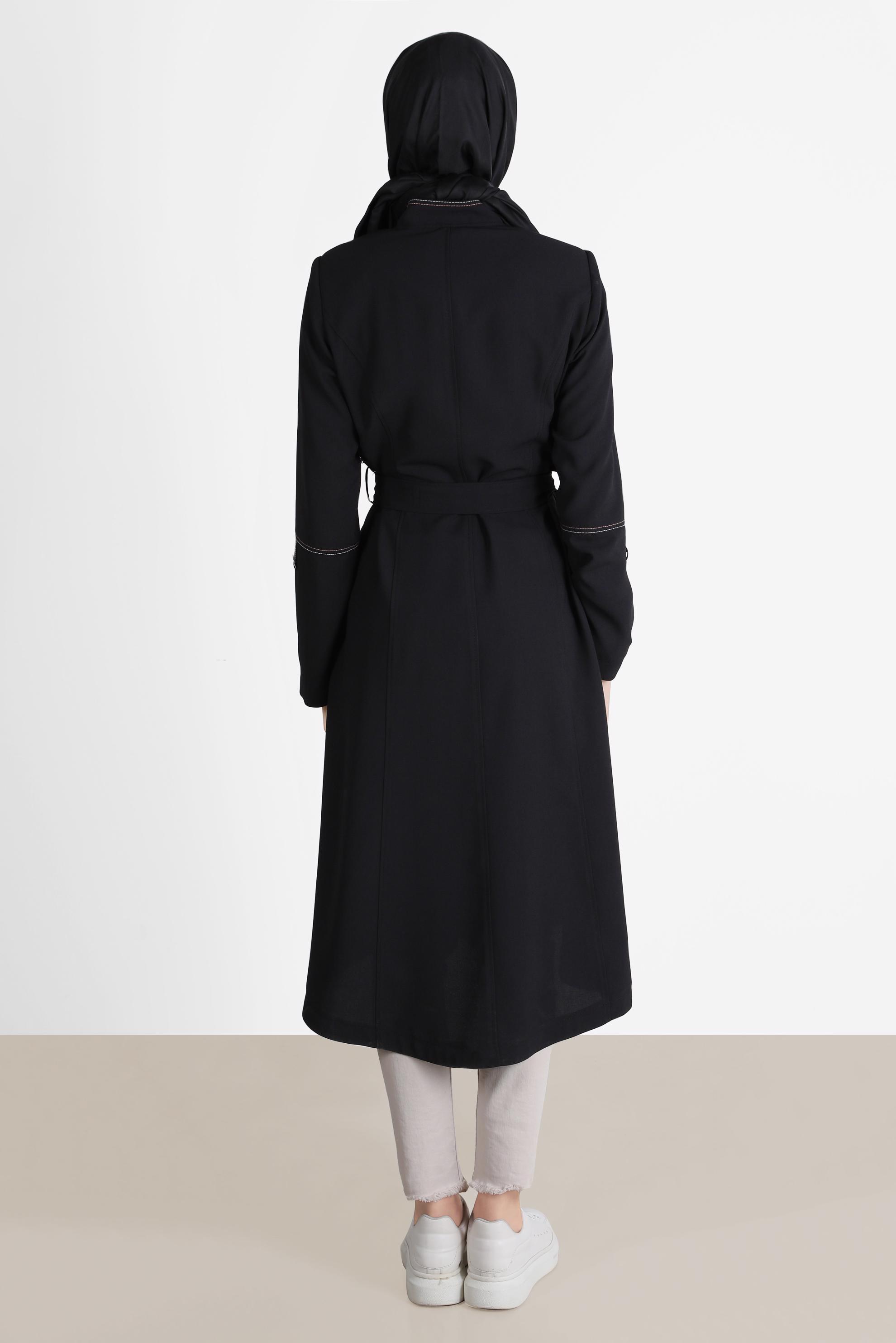 Hijab clothing BLACK FRINGE DETAIL BELTED TRENCH COAT 10579 